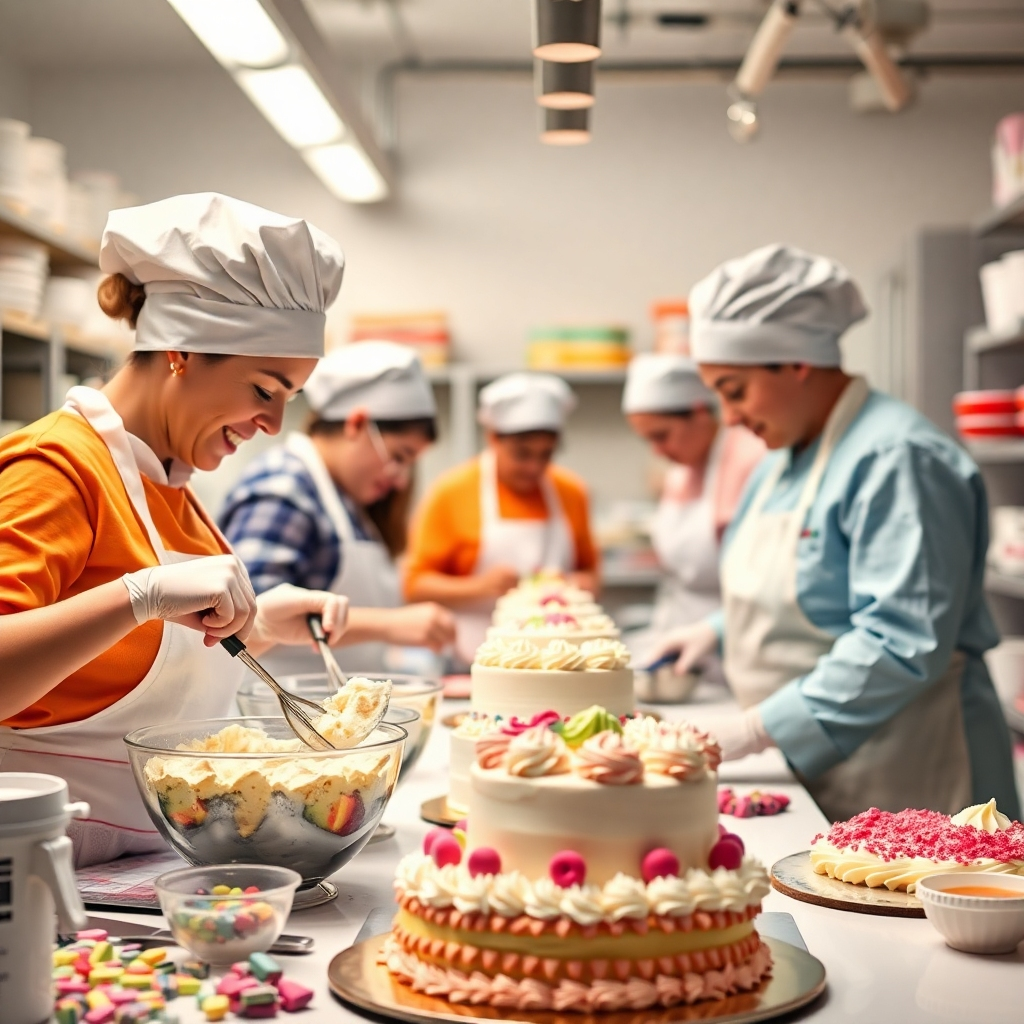 An enticing image depicting the cake design process, featuring skilled bakers at work, mixing ingredients, and decorating cakes. The lighting is bright and cheerful, enhancing the vibrant colors of the ingredients and finished products. The camera angle captures the busy yet joyful atmosphere in the bakery, showcasing the intricacies of cake artistry. Props might include mixing bowls and decorating tools, symbolizing the creative journey. Technical specs should focus on clarity to capture the action.