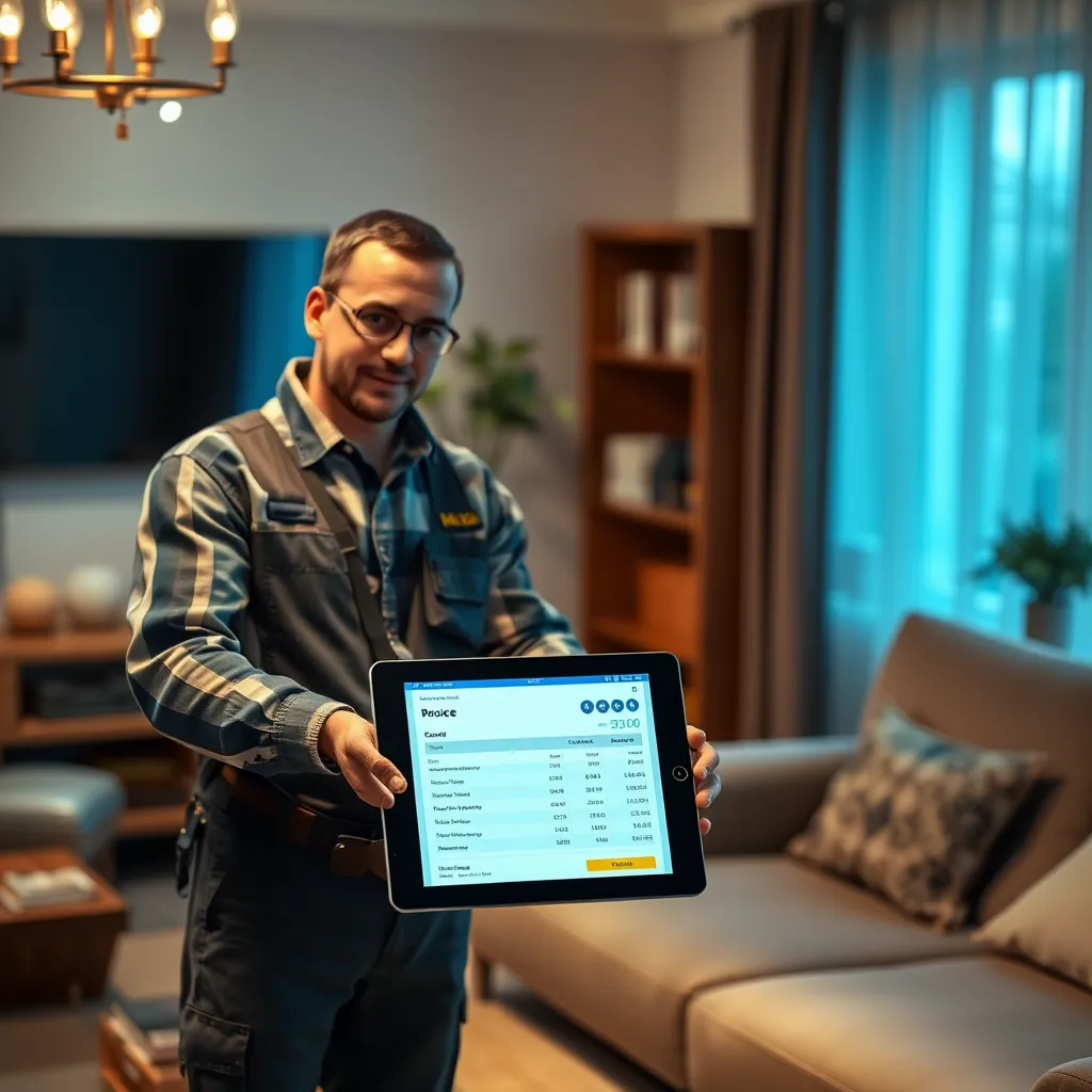 An image of an electrician presenting a digital tablet displaying a detailed quote and breakdown of costs to a homeowner in a comfortable living room setting. The image should emphasize clarity, trust, and affordability.