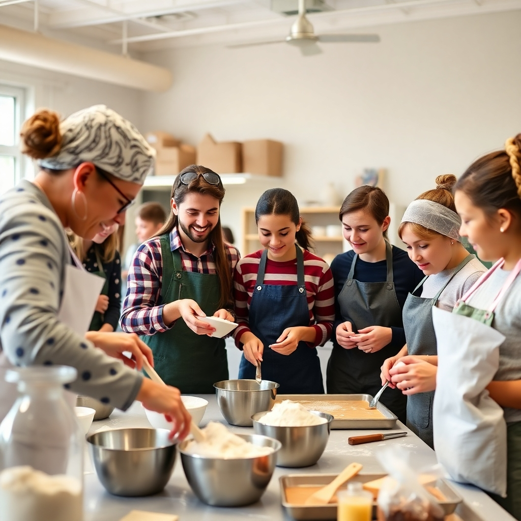 An informative image capturing a baking class in session, with students engaged in the process. The setting is bright and inclusive, filled with baking supplies and ingredients. The camera angle is angled slightly downwards, showing both instructor-led demonstrations and student participation. Props include measuring cups and flour bags. The atmosphere is lively and educational, focused on the joy of learning. Technical specs should ensure the quality of visual details to convey the learning environment.