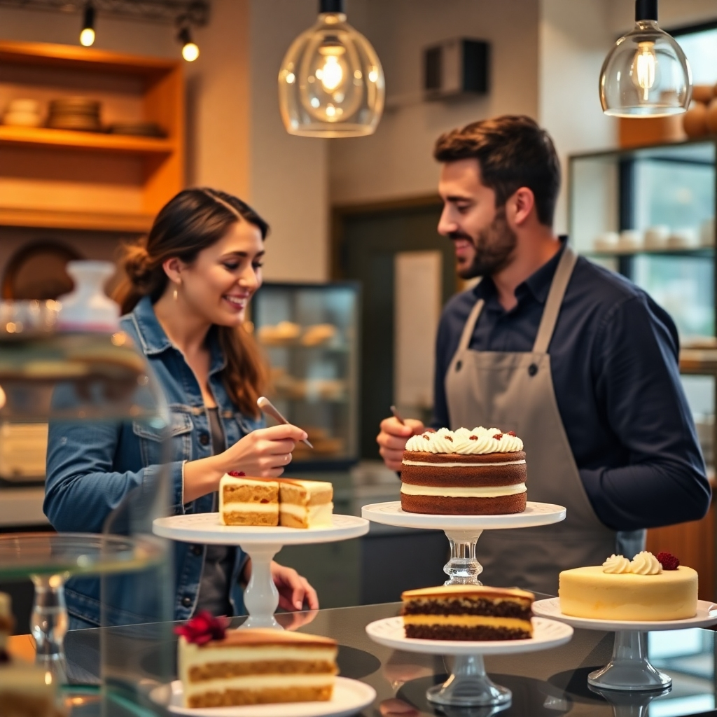 An inviting image showcasing a couple engaged in a tasting session at a bakery, with various cake samples displayed. The lighting is warm and welcoming, creating an intimate setting. Props include cake stands and tasting utensils, enhancing the interactive experience. The camera angle captures the couple's excitement and engagement, focusing on the cakes while providing context of the bakery ambiance. Style references may align with personal service experiences in artisanal settings. Technical specs should ensure clarity in details to convey the delightful experience.
