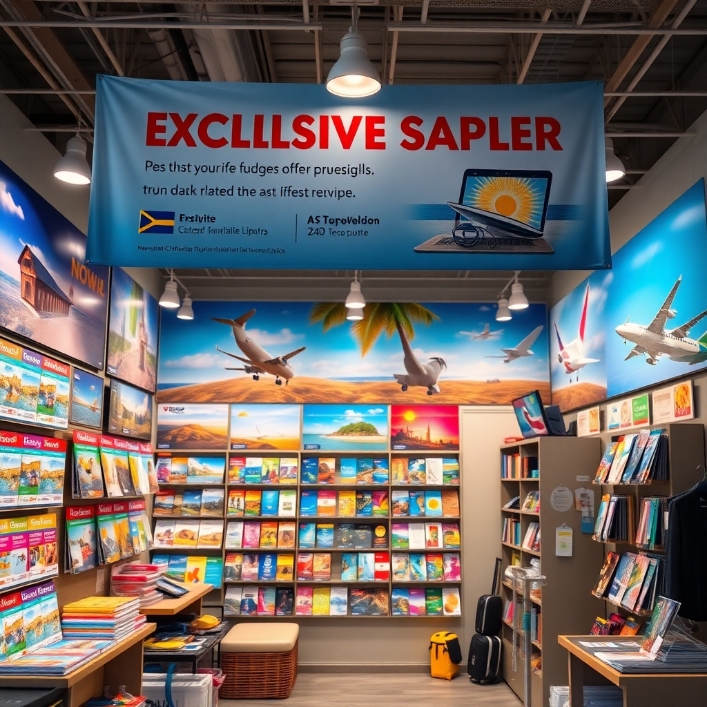 An open travel agency office showcasing a vibrant display of travel packages, brochures, and deals. A banner highlighting exclusive offers hangs overhead. The scene captures an inviting and dynamic atmosphere with colorful visuals.