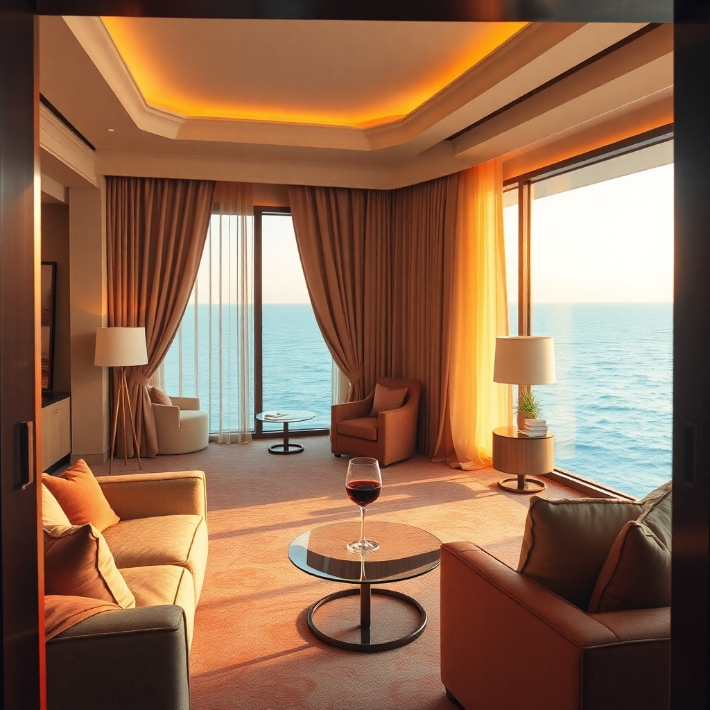 An opulent hotel suite with panoramic ocean views, bathed in golden sunset hues. The composition includes plush furniture with rich textures and elegant decor. Luxurious silk drapes flutter gently in a soft ocean breeze, framed by large floor-to-ceiling windows. The lighting is warm and inviting, creating a cozy yet upscale ambiance. A glass of fine wine on a stylish coffee table adds a touch of sophistication. The perspective is from the doorway looking into the suite, giving a sense of welcoming space. Ambient light reflects off carefully arranged art pieces on the walls. This style is inspired by contemporary interior architecture photography, focusing on ultra-detailed textures and vibrant colors, designed in hyperrealistic 8K resolution that evokes a feeling of indulgence.