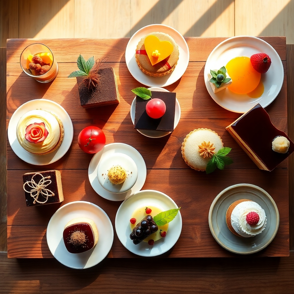 An overhead view of a gourmet dessert tasting setup, featuring various unique desserts spread out across a wooden table with detailed, elegant garnishes. Soft, natural light filters through, casting gentle shadows that enhance the texture of the treats. Attention to detail is paramount, with each dessert representing a variety of flavors and styles, inviting viewers to engage their senses. The image should be vibrant, colorful, and inviting, painted in high-quality detail.