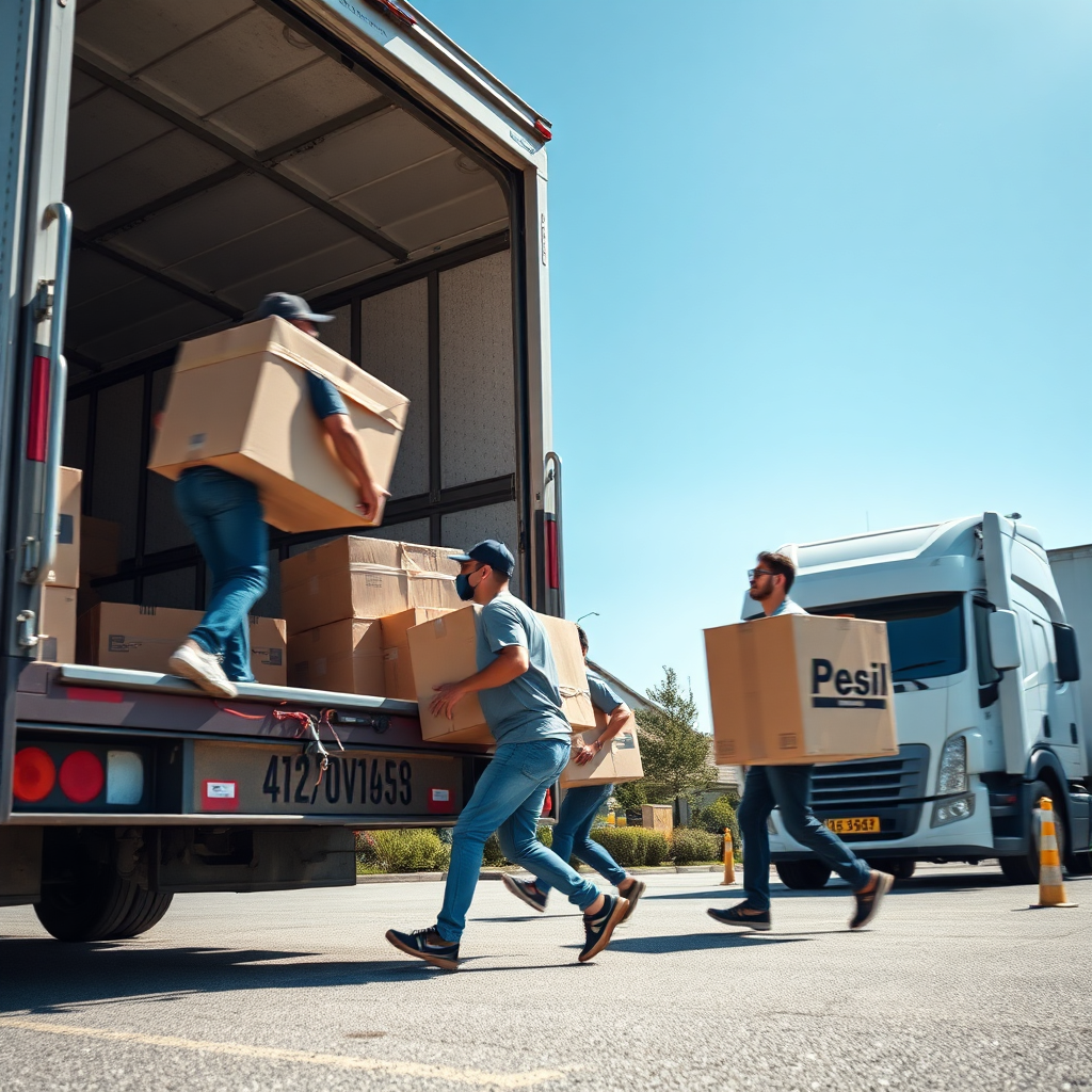 Capture a dynamic image of movers swiftly loading a truck with strategically placed items. The action-focused scene should convey urgency and professionalism, with a clear blue sky overhead for vibrance. Use complementary colors to create visual harmony and ensure details like tools and equipment are included for realism. Technical specs: 4K resolution, high quality.