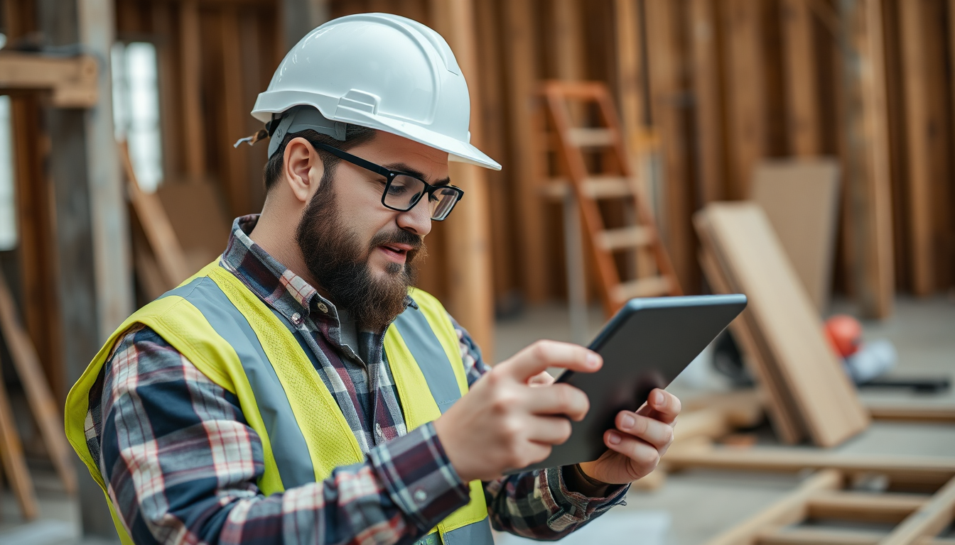 Contractor using tablet on job site