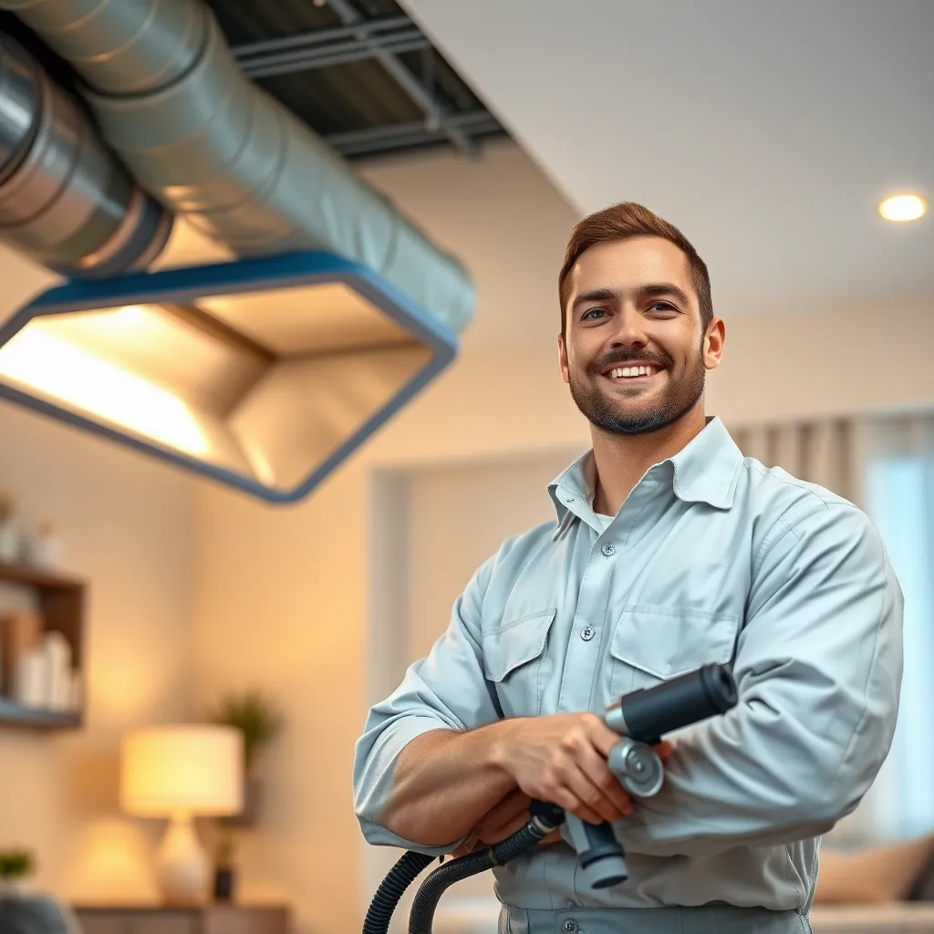 Create a photorealistic, ultra-high quality (8K resolution) image for a professional air duct cleaning business.  The image should feature a technician in a clean uniform, standing confidently next to an open air duct. The duct should be clean and bright, showcasing the positive effects of professional cleaning. The technician should hold a powerful air duct cleaning tool, highlighting the advanced equipment used. The background should be a modern, well-lit home interior, suggesting a clean and healthy environment.  Use warm, inviting lighting to create a positive mood.  Focus on the technician's confident expression and the gleam of the newly cleaned duct, conveying a sense of expertise and accomplishment. Employ a shallow depth of field to emphasize the duct and the technician, while blurring the background.  The image should convey a sense of trust, professionalism, and the benefits of clean, healthy air.  Reference the style of professional cleaning services advertising, aiming for a clean, modern, and impactful aesthetic., ultra high resolution, photorealistic, 8K, hyperdetailed, cinematic lighting