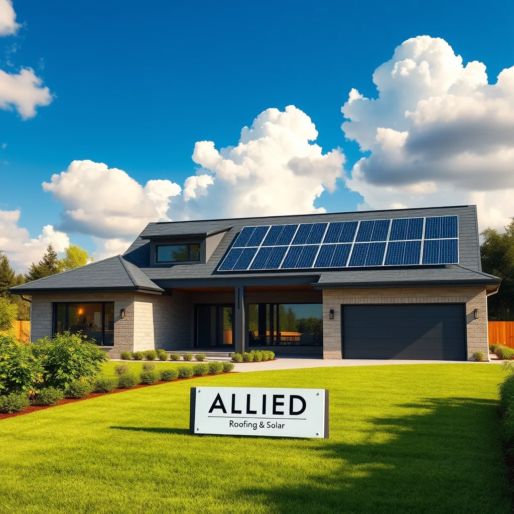 Create a photorealistic, ultra-high quality 8K resolution image for a construction company specializing in roofing and solar installations. The image should feature a modern, two-story house with a sleek, contemporary design. The roof should be a beautiful shade of charcoal grey, featuring high-end solar panels seamlessly integrated into the design. The sky should be a vibrant blue with fluffy white clouds, suggesting a sunny day. The surrounding landscape should be a lush, manicured lawn with vibrant green foliage, creating a sense of luxury and tranquility. The camera angle should be slightly elevated, showcasing the entire house and its beautiful surroundings. The lighting should be warm and natural, highlighting the texture and detail of the materials used. Emphasize the high-quality construction of the home, the seamless integration of the solar panels, and the overall sense of elegance and sophistication. The style should be inspired by high-end architectural photography, showcasing the beauty and functionality of the company's work. Include a subtle, modern logo for "ALLIED Roofing & Solar" on a plaque near the entrance of the house, maintaining the elegant visual style., ultra high resolution, photorealistic, 8K, hyperdetailed, cinematic lighting