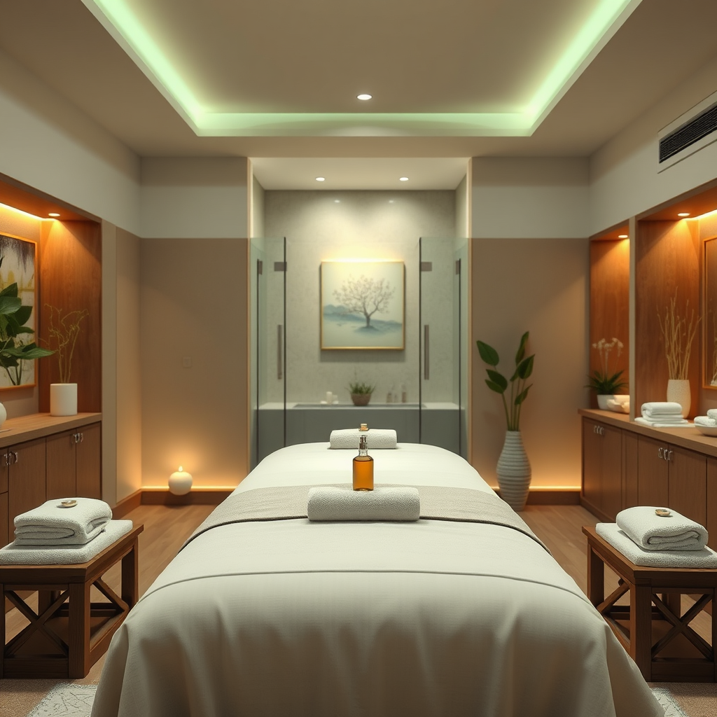 Create a photorealistic, ultra-high quality header image symbolizing 'All Hartt Services'. The image should feature a serene massage therapy room with soft, ambient lighting. Include calming earth tones in the decor, such as greens and browns, to create a soothing atmosphere. A comfortable massage table is at the center, with fresh towels and oils artistically arranged around it. Consider a view of a clean shower space in the background, emphasizing cleanliness and relaxation. A hint of plants or tranquil artwork could be added for depth. The camera angle should be slightly elevated, showcasing the entire space. Ensure the image is hyperrealistic and of 8K resolution to capture texture details vividly.