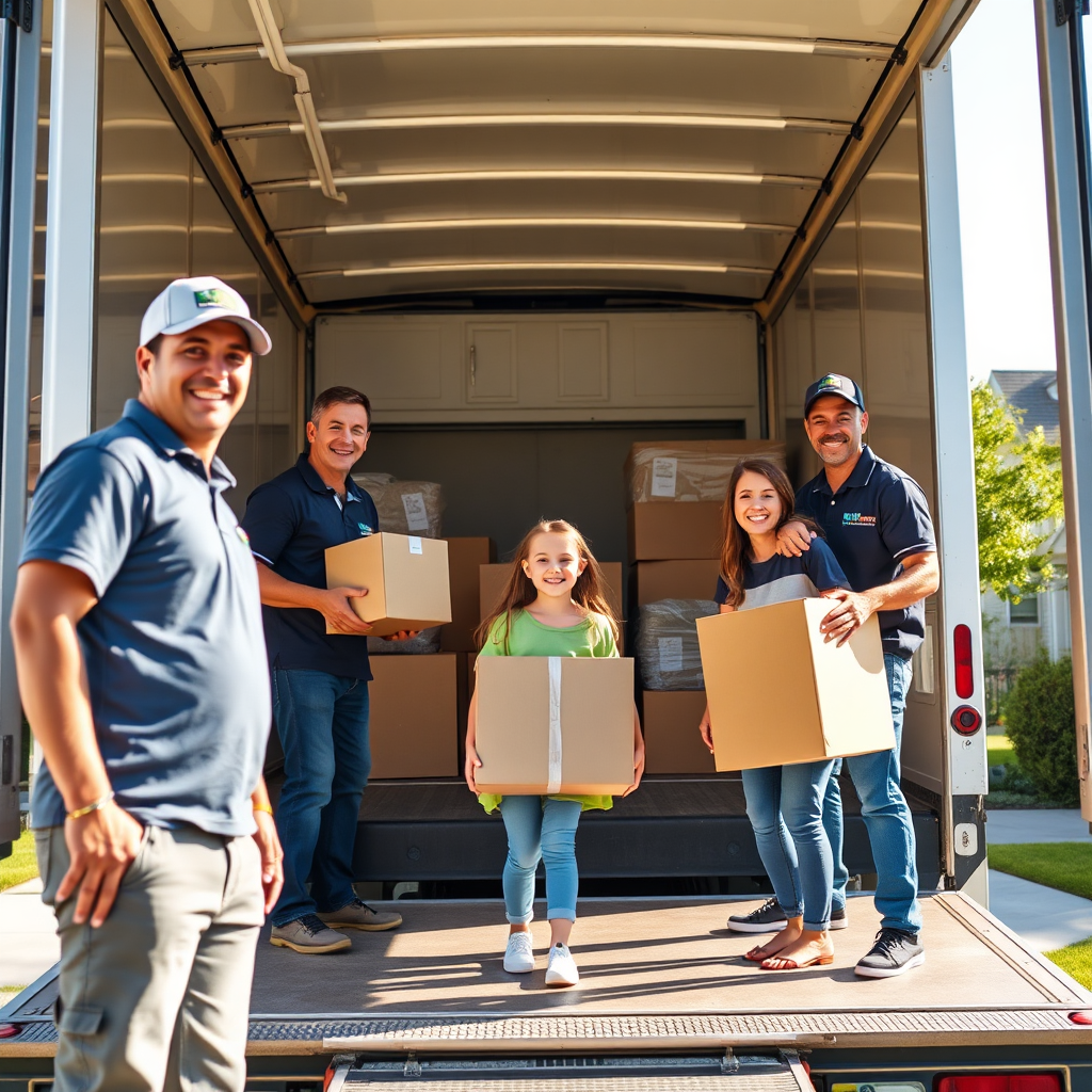 Visualize a heartfelt scene depicting a family joyously unpacking boxes in their new home, with a cozy living room setting. The movers should be seen wrapping up things with care, symbolizing attention to detail. Soft, warm lighting should enhance the emotional connection of the scene, making it feel homely. Use vibrant colors to create a lively environment, focused on happiness and satisfaction. The camera should be positioned to capture both the family interaction and the movers working together harmoniously. Aim for a high-quality 4K resolution.