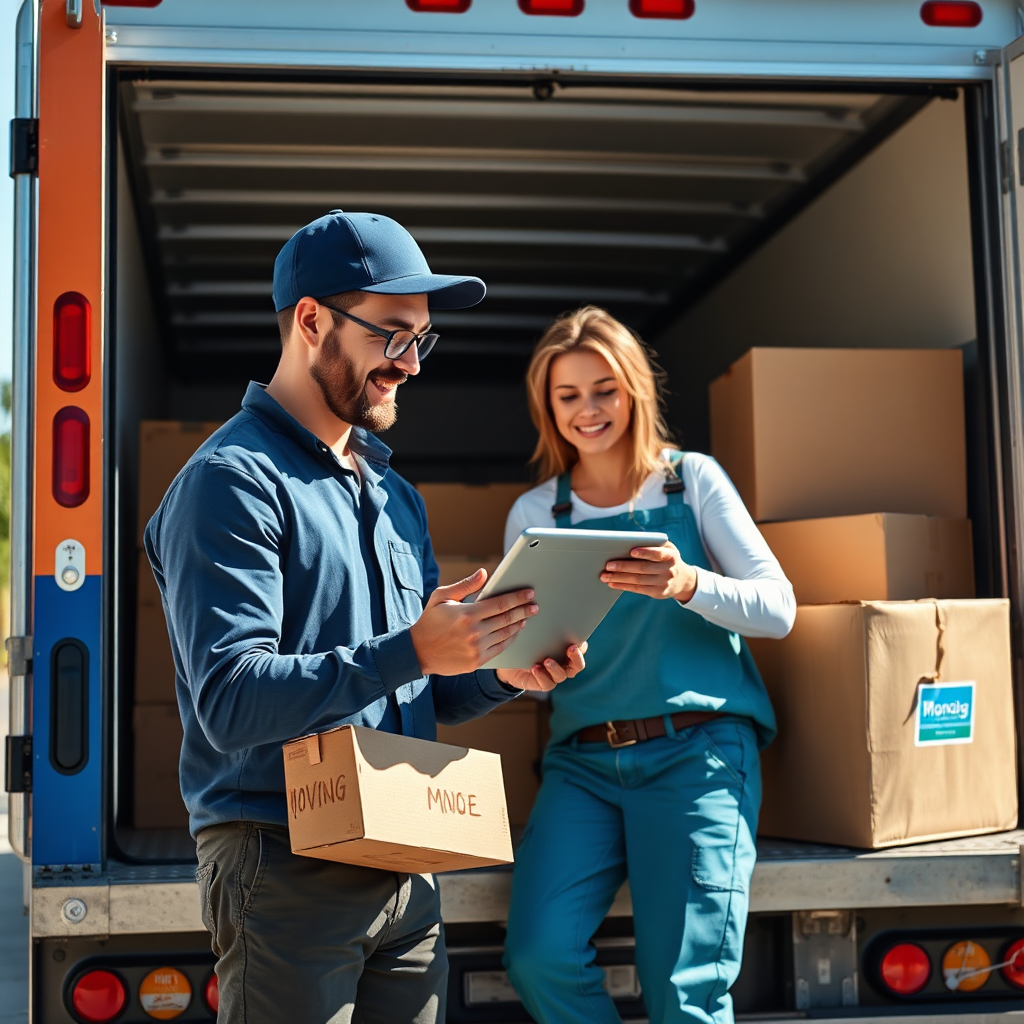 Create an engaging image of a professional mover visually communicating with a client using a tablet, outdoors on the moving truck's tailgate. Under natural daylight, the image should feature a bright and cheerful ambiance. Include visual elements like moving boxes and tools around them, showcasing their careful planning process. The color palette should be bright and professional, with the company branding subtly included in the truck's graphics. The image should capture emotions of concern and confidence, emphasizing transparency in service. Technical specs target 4K resolution.