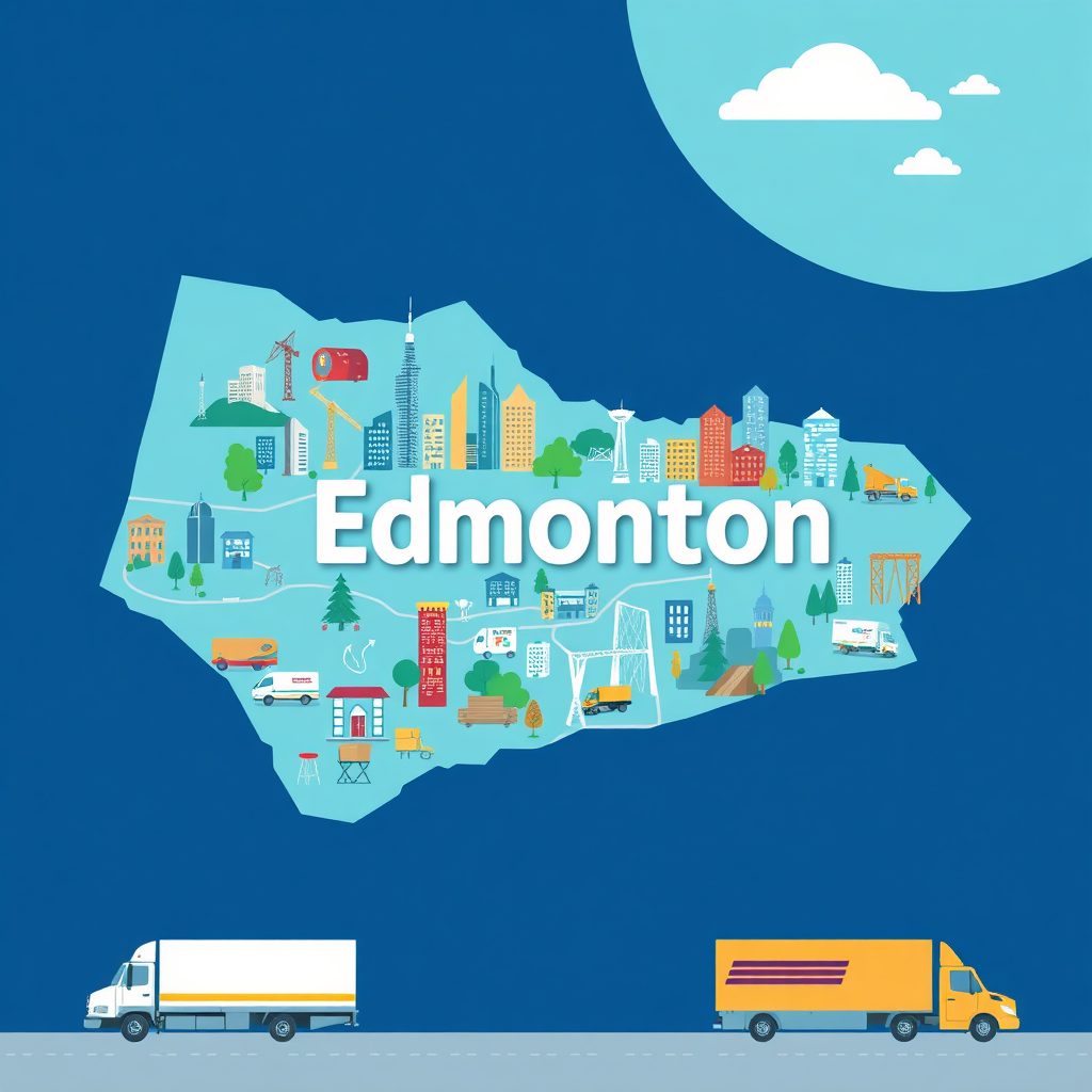Depict a stylized map of Edmonton with key landmarks highlighted, alongside images of movers working in various neighborhood settings. The scene should incorporate a bright color palette with blues and greens, symbolizing the local charm. Ensure to include visual icons representing moving trucks. Technical specs: 4K resolution, high quality.