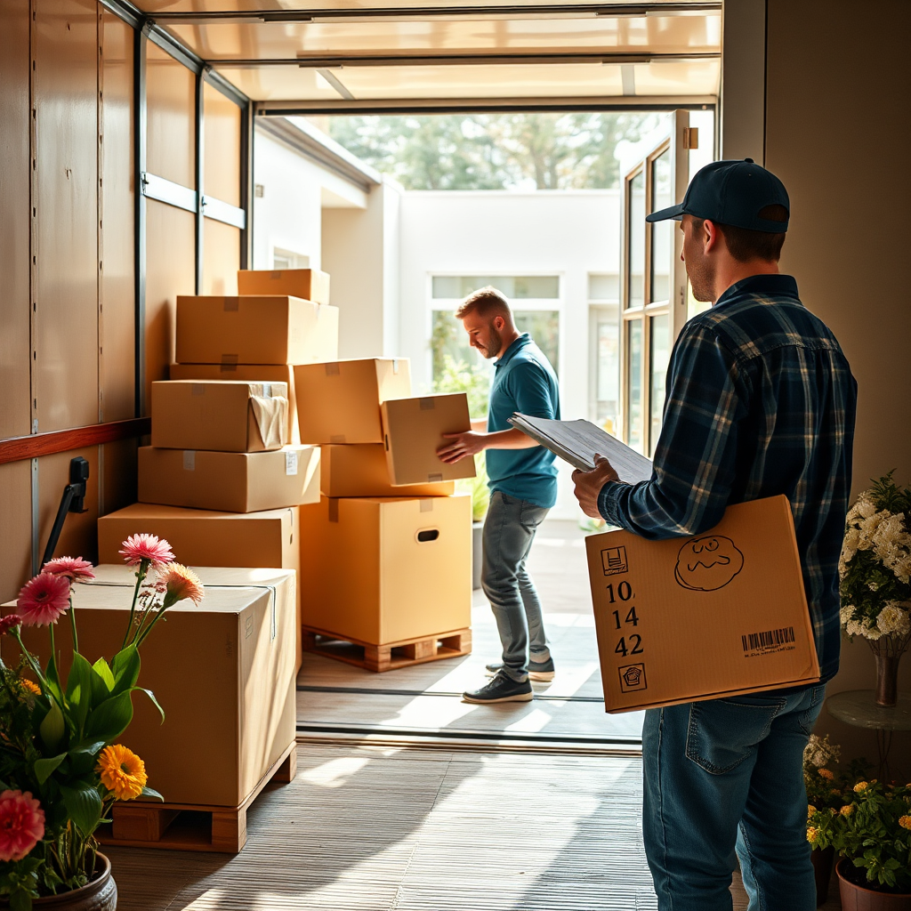Depict movers gently unloading boxes from a truck into a new home. Highlight the care taken with a close-up of a mover checking off a list. The environment should be bright and welcoming, with fresh flowers or welcoming decorations. Use natural light to enhance the scene's warmth. Technical specs: 4K resolution, high quality.