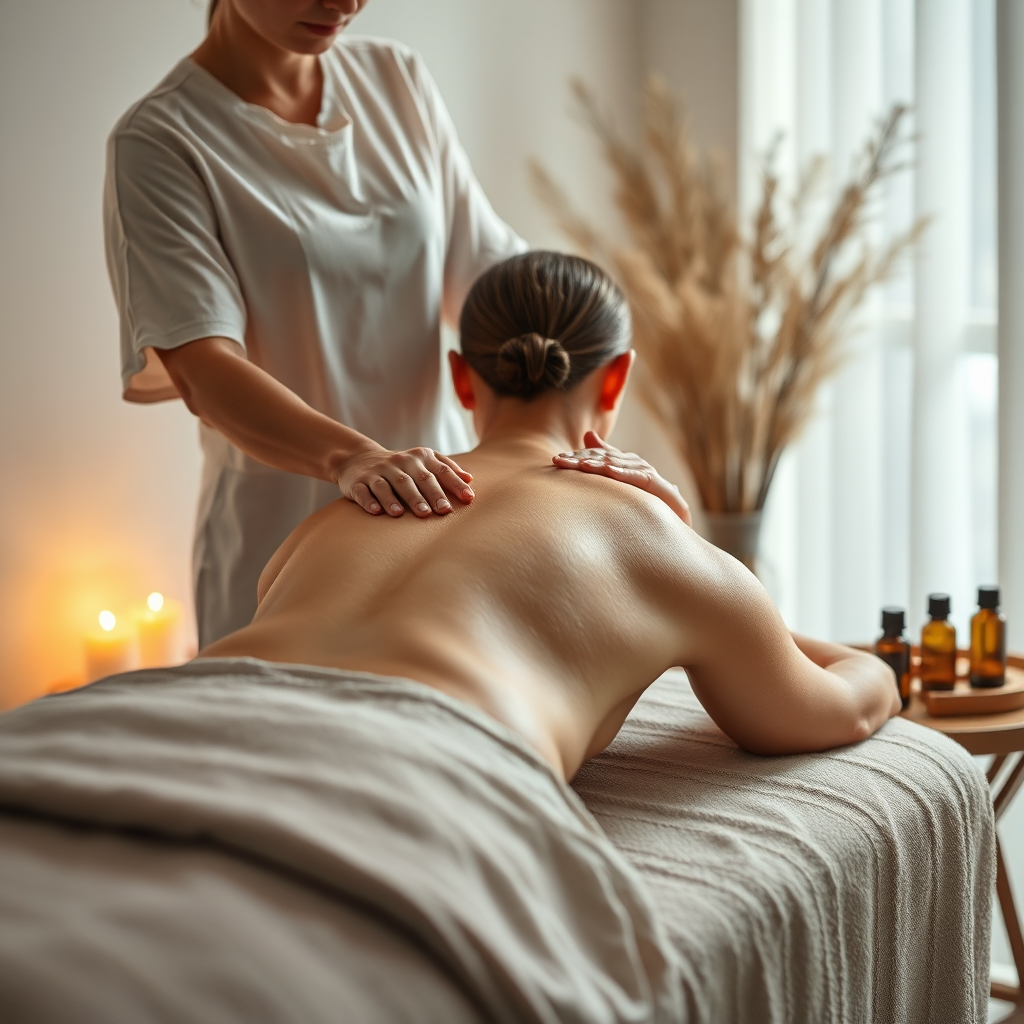 Create an image depicting a therapist performing a deep-tissue massage on a client, emphasizing the relief and trust in the atmosphere. The colors should be rich yet soothing, with deep blues and earthy tones. Subtle details such as flickering candles in the background can amplify the relaxing environment. Capture the image in 4K resolution, ensuring to focus on texture like the smoothness of the oil and the client's relaxed posture.