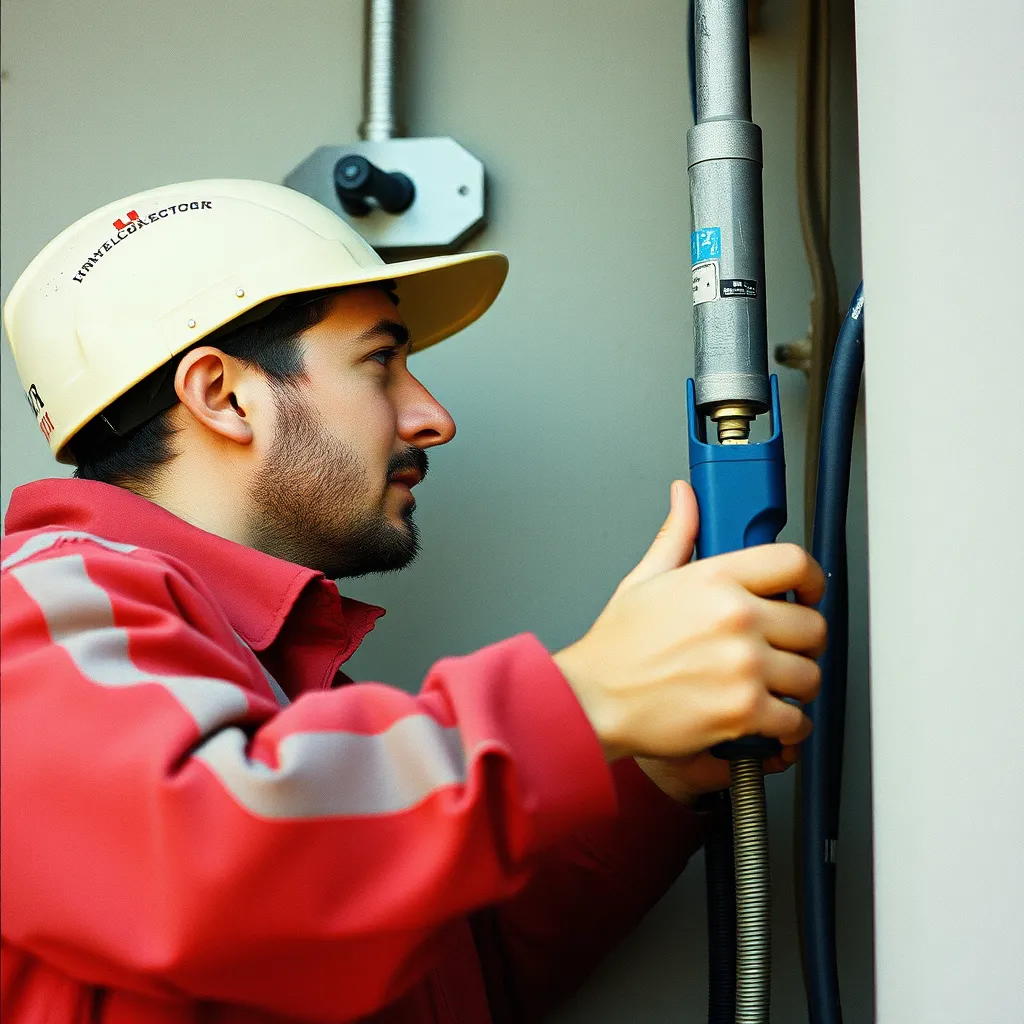 A satisfied customer shaking hands with an electrician in front of a completed electrical project, such as a newly installed light fixture or a renovated electrical panel. The scene is filled with warm lighting and a positive, friendly atmosphere.