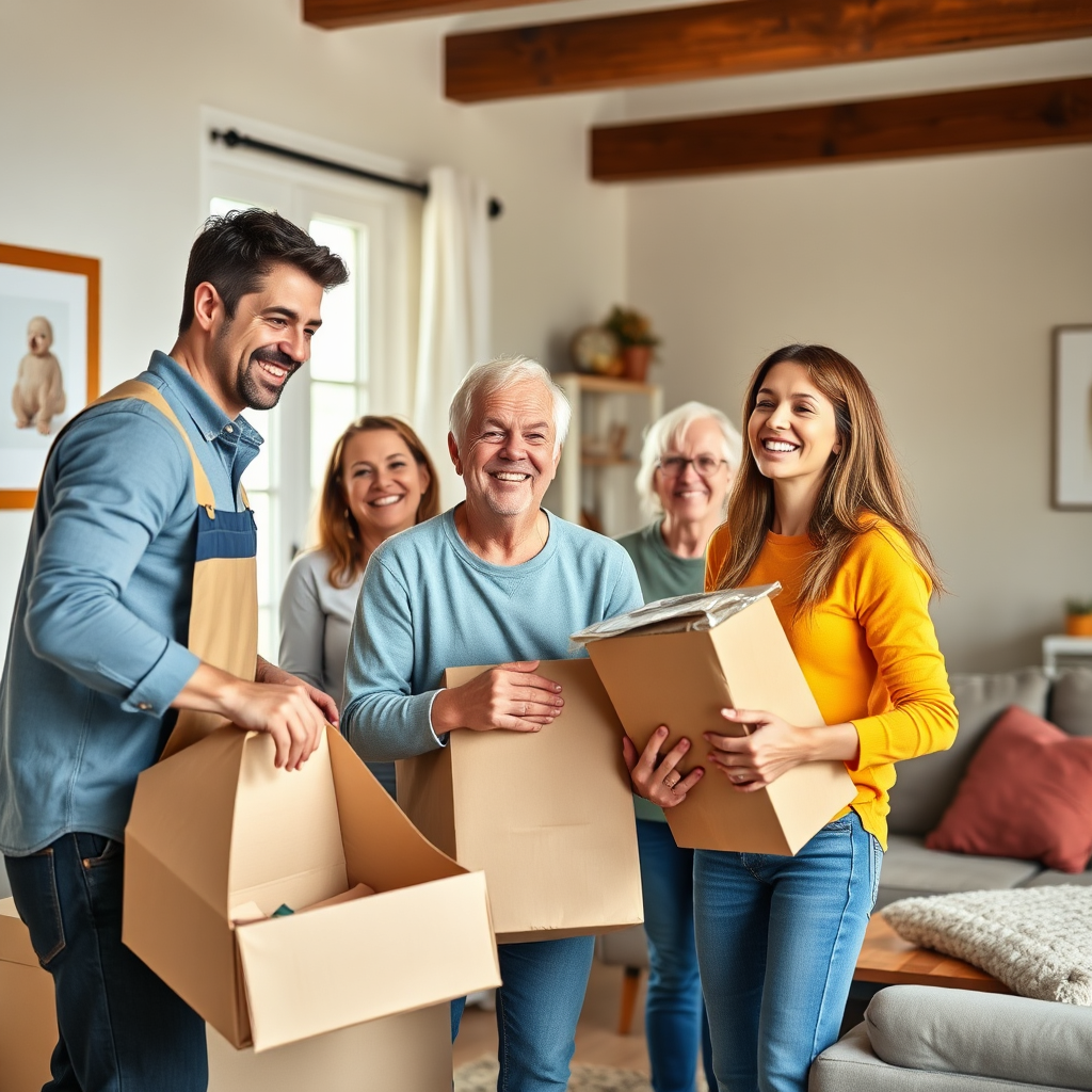 Envision a satisfied family unpacking in their new home, with movers assisting them. The image exudes happiness and relief, using bright, cheerful colors. Show personal touches by featuring family photos and a cozy living room. The composition should feel warm and inviting. Technical specs: 4K resolution, high quality.
