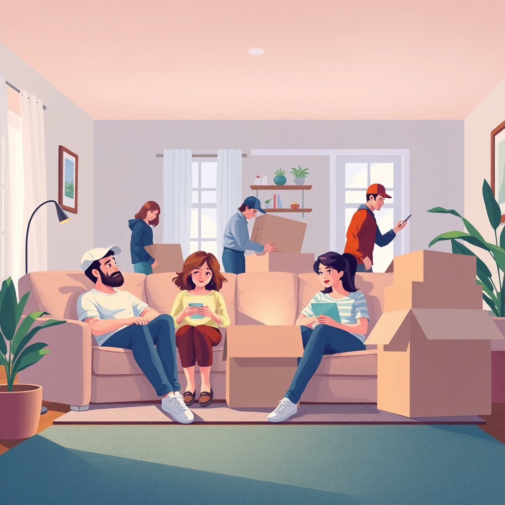 Illustrate a serene moving day scene with family members relaxing while movers diligently work in the background. Use soft lighting to create a calming atmosphere, featuring a beautifully maintained home. Integrate subtle elements of chaos like open boxes to emphasize the 'moving' theme while keeping it reassuring. Technical specs: 4K resolution, high quality.