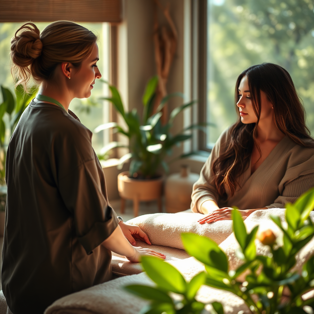 Imagine a holistic setting where both therapist and client are engaged in a calming pre-massage consultation. Display aspects of nature within the room, such as plants and natural light flooding in, creating an organic feel. The color palette should be muted, with greens and browns, enhancing the holistic atmosphere. Ensure this photorealistic image is captured in 4K to focus on personal engagement and warm ambiance.