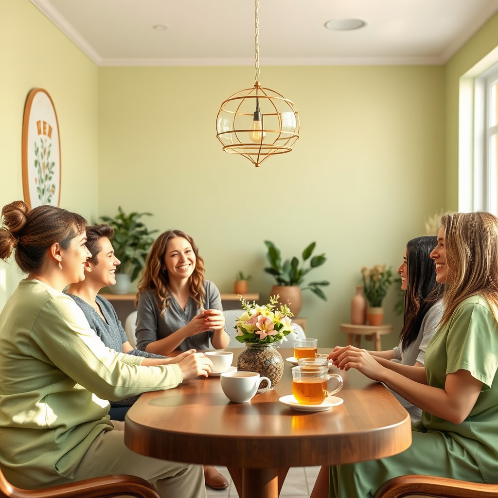 Imagine a lively and cheerful atmosphere in a massage therapy studio where clients are happily sharing their experiences with friends over herbal tea. The colors should be bright and uplifting, featuring light greens and soft yellows. Include elements such as friendly staff interactions and clients expressing joy. The image should highlight community and wellness, represented in a photorealistic style with a blend of natural light to create a sense of warmth and positivity.