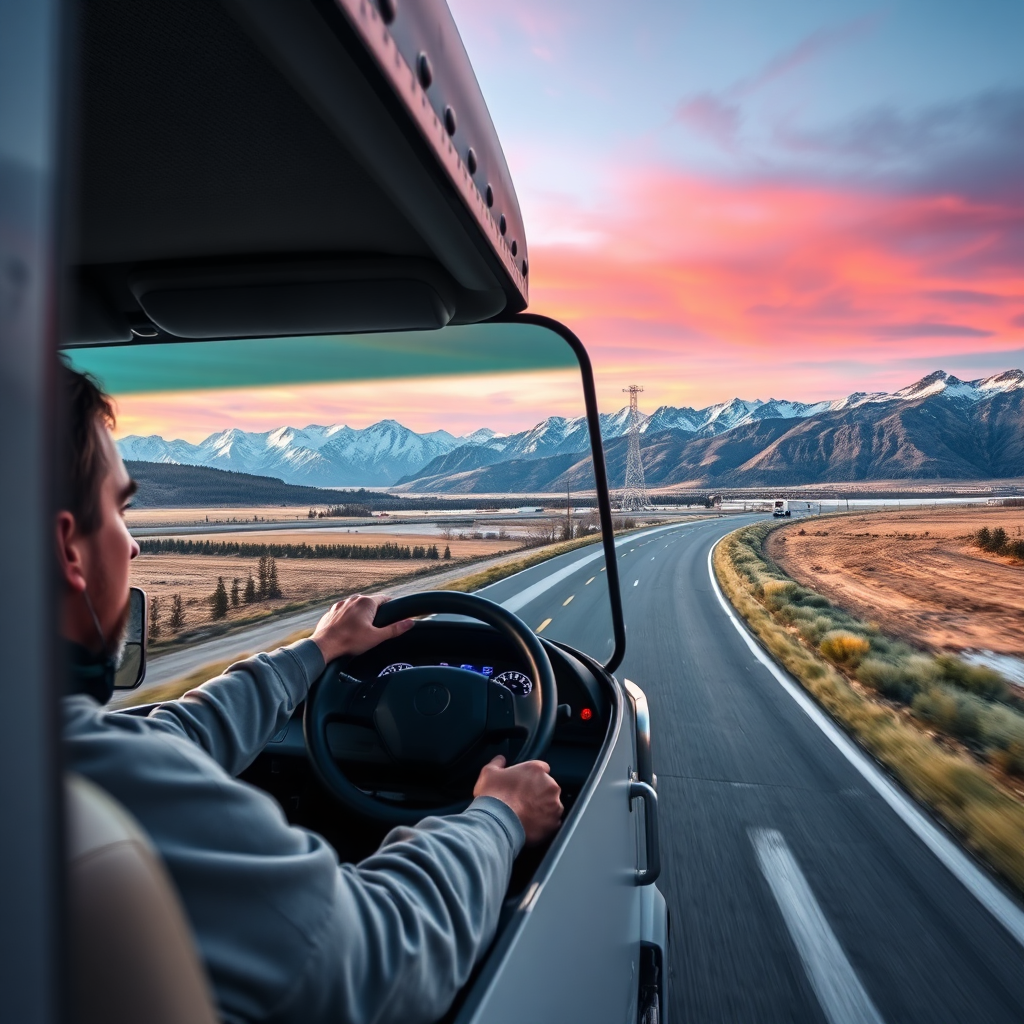 Imagine a moving truck navigating a scenic route, showcasing the driver focused on the road. The background should include beautiful Edmonton landscapes, symbolizing the journey. Use colors that evoke trust and reliability, with a gradient from bright day skies to soft evening hues. Technical specs: 4K resolution, high quality.