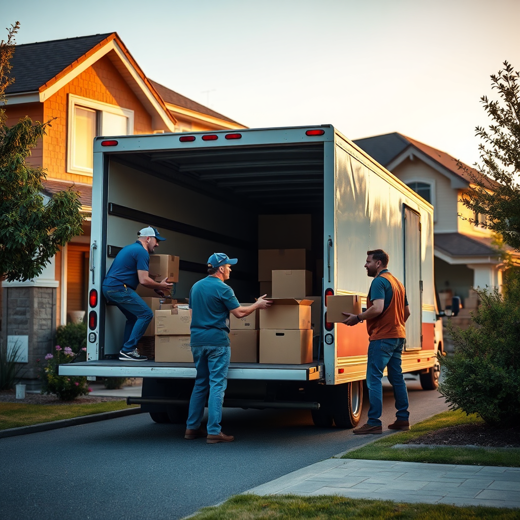 Imagine a photorealistic image that depicts a well-organized moving truck parked outside a home, with movers loading and unloading boxes efficiently. The scene should be set during the golden hour, with warm lighting enhancing the vibrancy of the scene. The color palette should consist of earth tones, creating an inviting atmosphere. Close-up shots of movers interacting warmly with the homeowners should convey trust and collaboration. Textures should be rich, showcasing the sturdy furniture and packaging materials. Technical specs should aim for 4K resolution, providing clarity.