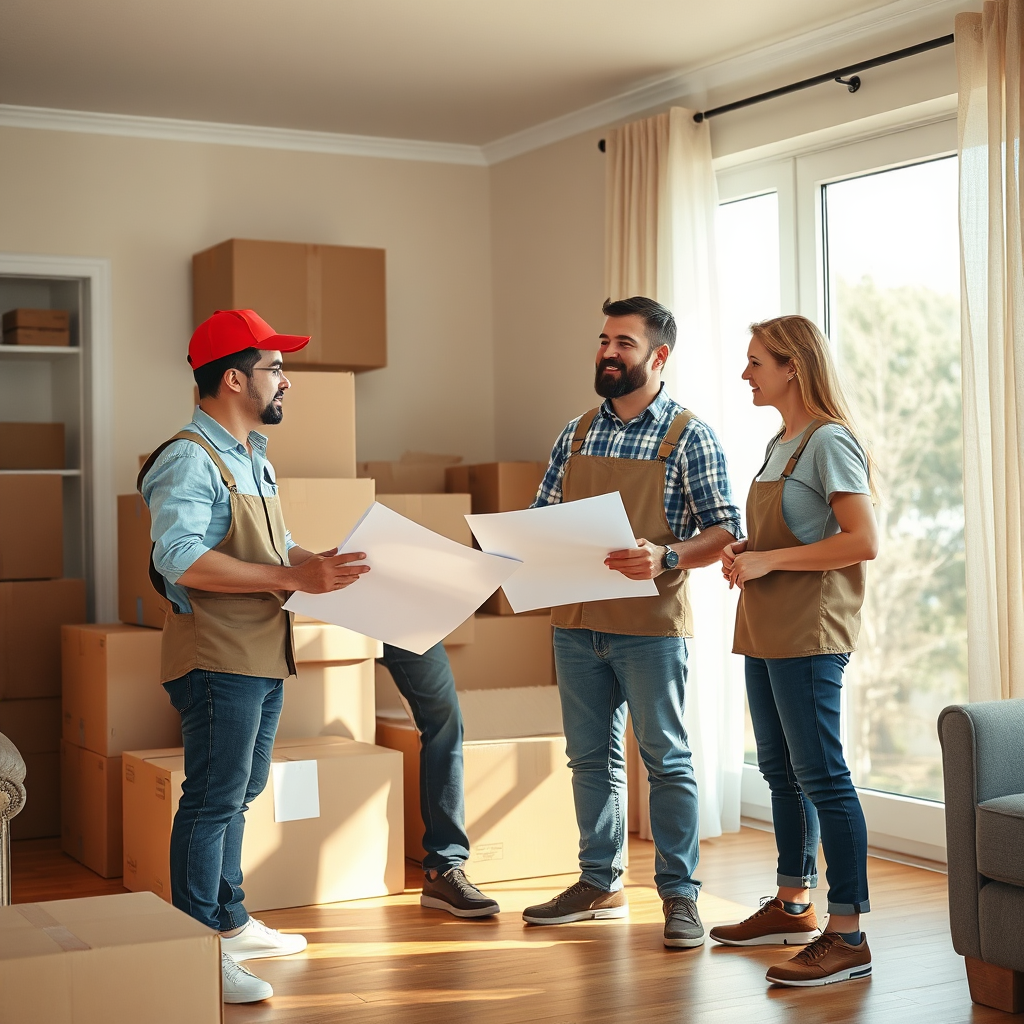 Imagine a photorealistic image of a friendly moving team discussing plans at a client's home. The movers are engaging with the client, with a backdrop of neatly packed boxes. The lighting is natural, creating a welcoming environment. The composition includes warm colors and an inviting atmosphere, emphasizing professionalism and care. Technical specs: 4K resolution, high quality.