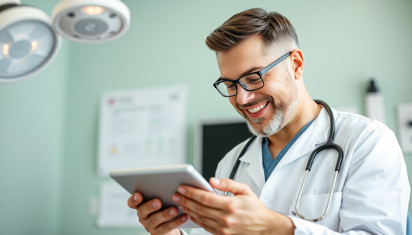 Medical professional using tablet in clinic