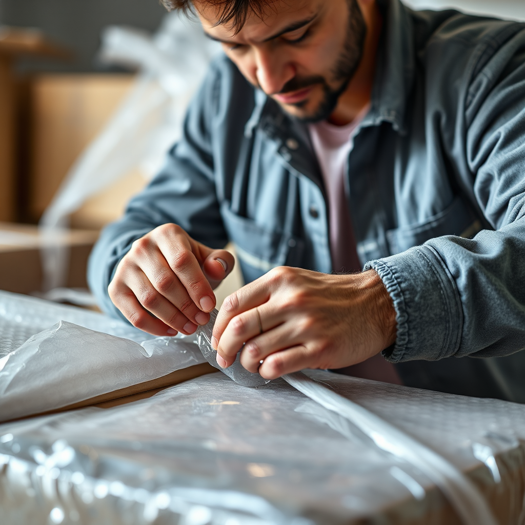 Portray a close-up scene of a mover meticulously packing fragile items with appropriate materials. Use detailed textures of bubble wrap and boxes, emphasizing protection and care. The lighting should emphasize the attention to detail, creating an intimate connection with the packing process. Technical specs: 4K resolution, high quality.