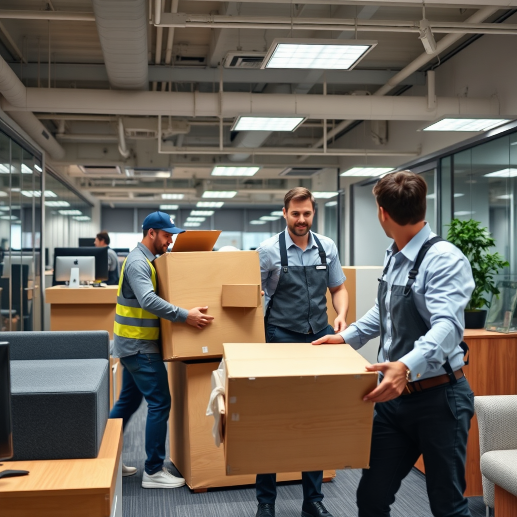 Showcase a busy commercial environment where professional movers are efficiently relocating office equipment and furniture. The image should reflect organization and professionalism, with bright office lighting. Integrate dynamic angles to represent swift action and teamwork. Technical specs: 4K resolution, high quality.