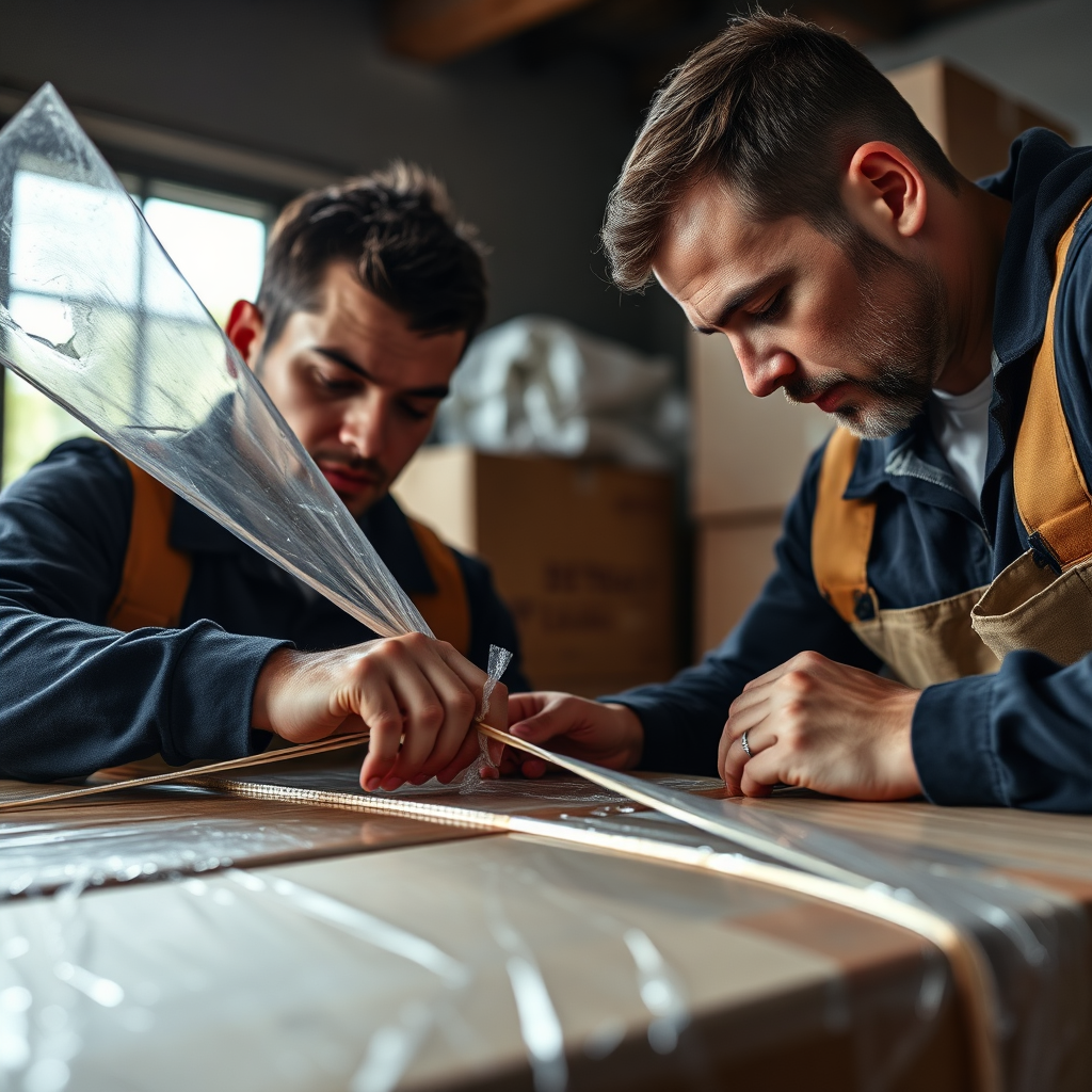 Showcase a close-up of movers carefully wrapping and securing fragile items, emphasizing attention to detail. Use a focused composition with dramatic lighting to highlight the movers' expressions of concentration. Incorporate details like bubble wrap and padding for context. Technical specs: 4K resolution, high quality.