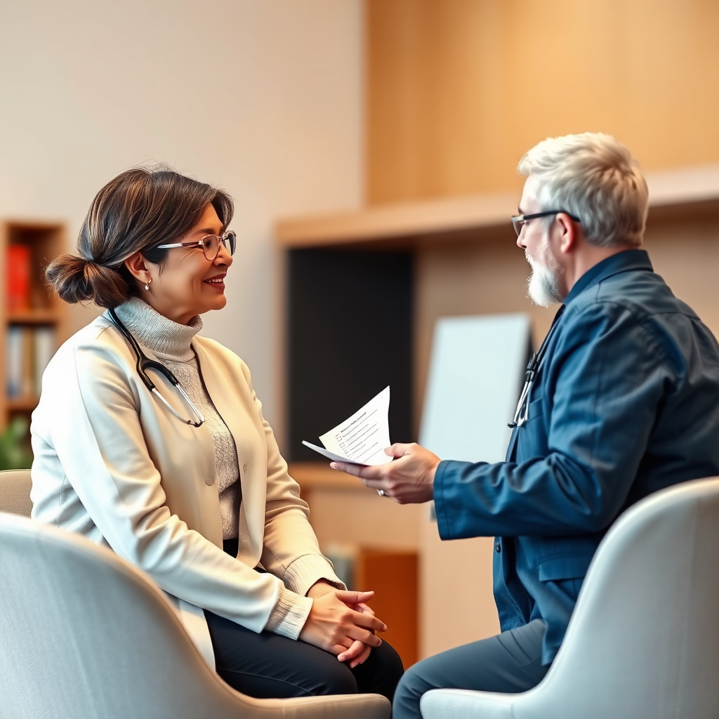 Visualize a consultation between a client and a moving expert, with a detailed checklist being discussed. Highlight the interaction and the individual attention given. Use warm colors to promote friendliness, making the scene feel engaging and supportive. Technical specs: 4K resolution, high quality.