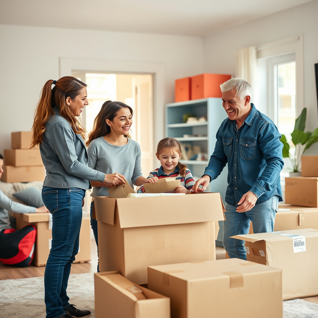 Visualize a seamless residential moving experience, highlighting a family being assisted by professionals as they pack their belongings. The scene should be bright and joyful with a clear focus on family interaction and teamwork, integrating colorful packing materials and moving boxes in the setting. Technical specs: 4K resolution, high quality.
