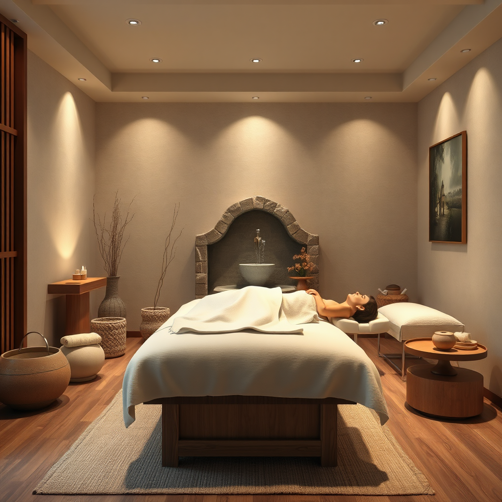 Visualize a serene massage environment with a client enjoying a therapeutic treatment. The space should exude calmness with gentle healing colors, soft textiles, and natural materials like wood and stone. Consider including elements such as a small water fountain to emphasize tranquility. This image should be strikingly photorealistic in 4K to really capture the essence of relaxation.