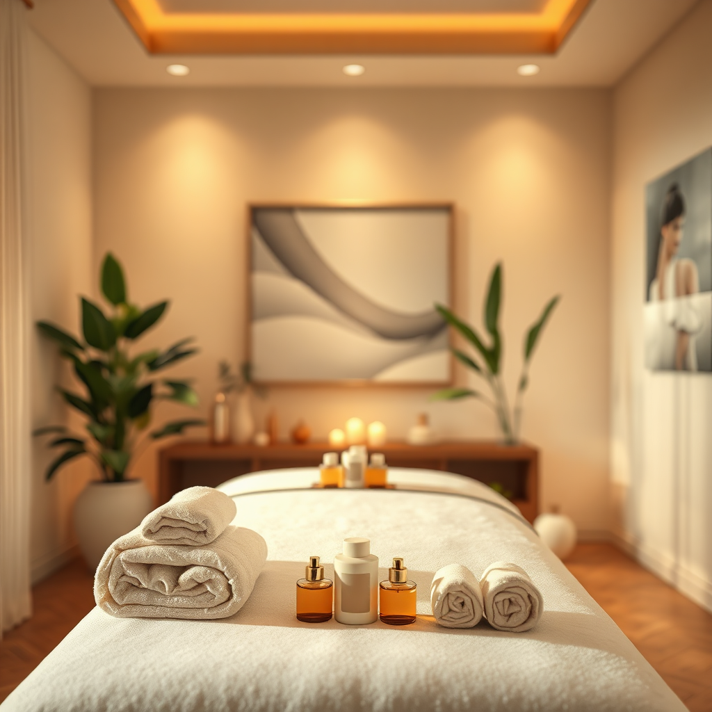 Visualize a serene scene of a tranquil massage therapy room. The image should feature a massage table adorned with fresh towels, aromatic oils, and indirect soft lighting creating a peaceful ambiance. The background can include lush plants or calming artwork. The color scheme should be warm and inviting, comprising soft whites and pastel shades. Ensure the image is vivid and lifelike, aiming for a photorealistic feel in 4K resolution.