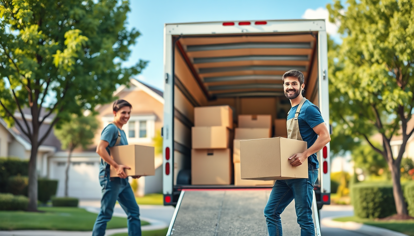 Visualize a stylized image of two dedicated movers working together, carefully loading a moving truck with household items. The scene is set in a suburban neighborhood with clear blue skies and trees gently swaying in the breeze. The color palette should evoke trust and warmth, with soft greens and blues. The movers are smiling and engaged, showcasing teamwork. Include elements like a partially loaded truck and neatly packed boxes. Technical specs: 4K resolution, high quality.