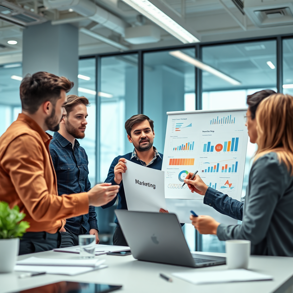 A brainstorming session with marketing professionals analyzing data visualizations and charts, discussing strategy in a bright modern office.