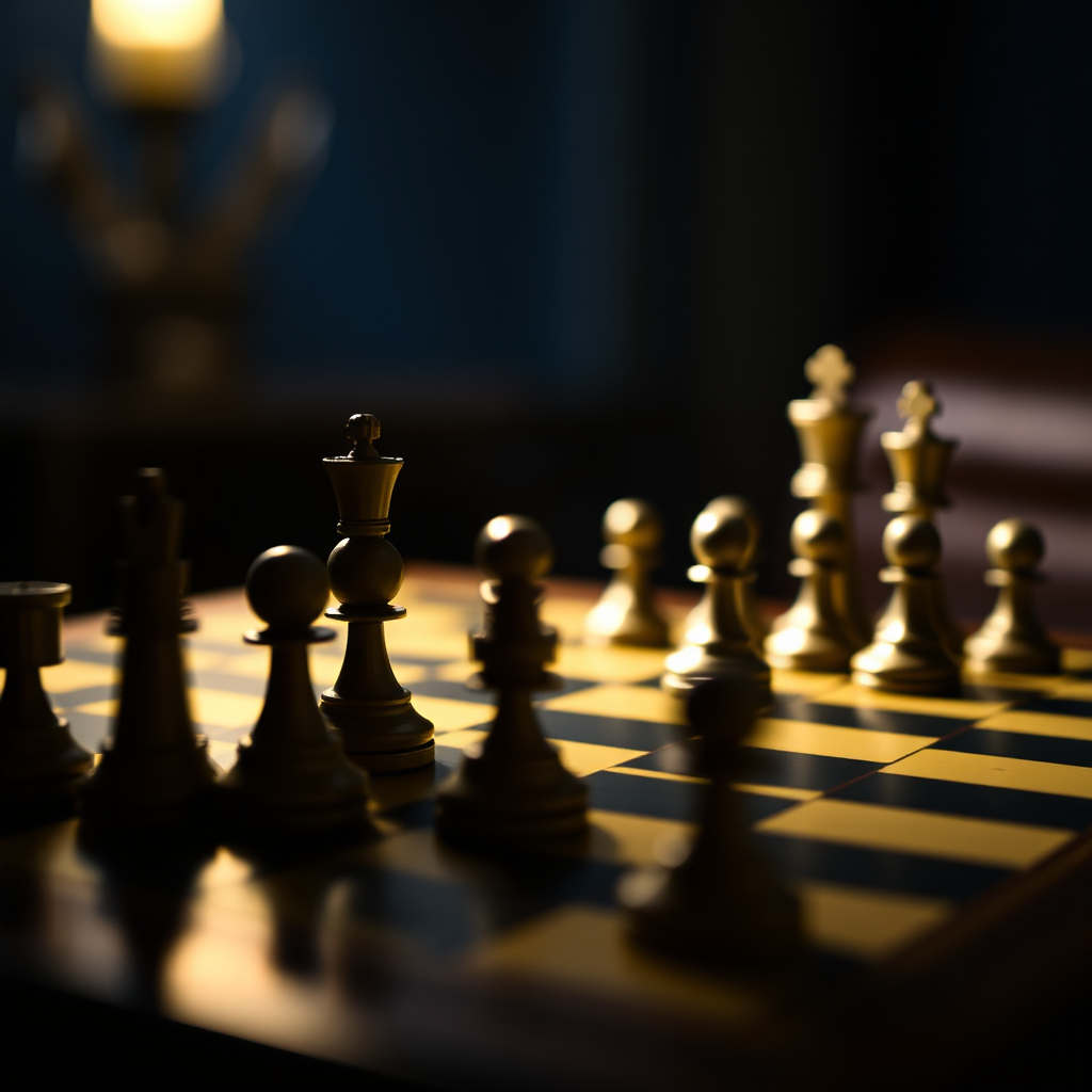 A chess board with pieces strategically positioned, illuminated by a focused light source. The background is blurred to emphasize the strategy on the board. Color palette: deep blues and golds. Style reference: Classic and strategic.