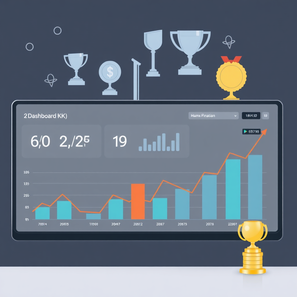 A dashboard displaying key performance indicators (KPIs) with upward trending graphs. The dashboard is clean and professional, with clear and concise data visualizations. The background features subtle symbols of success and achievement, such as trophies and medals.