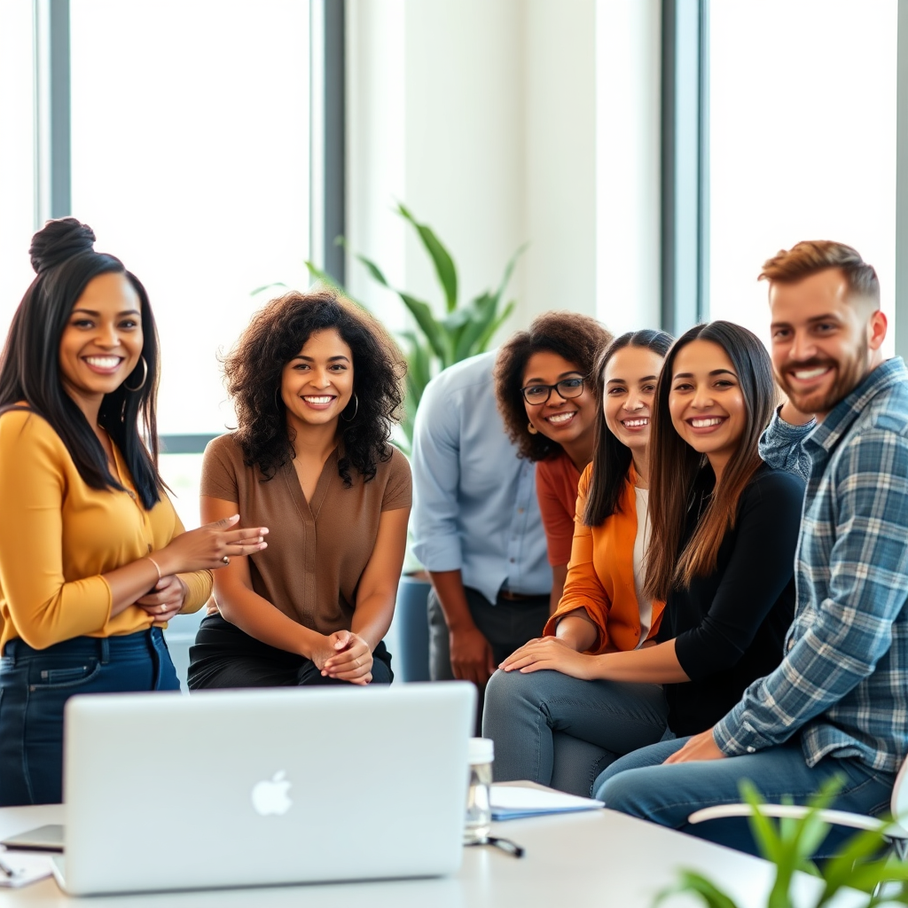 A diverse group of employees working collaboratively in a modern office space. The atmosphere is positive and supportive, with natural light streaming through the windows. The image should convey a sense of teamwork and respect.