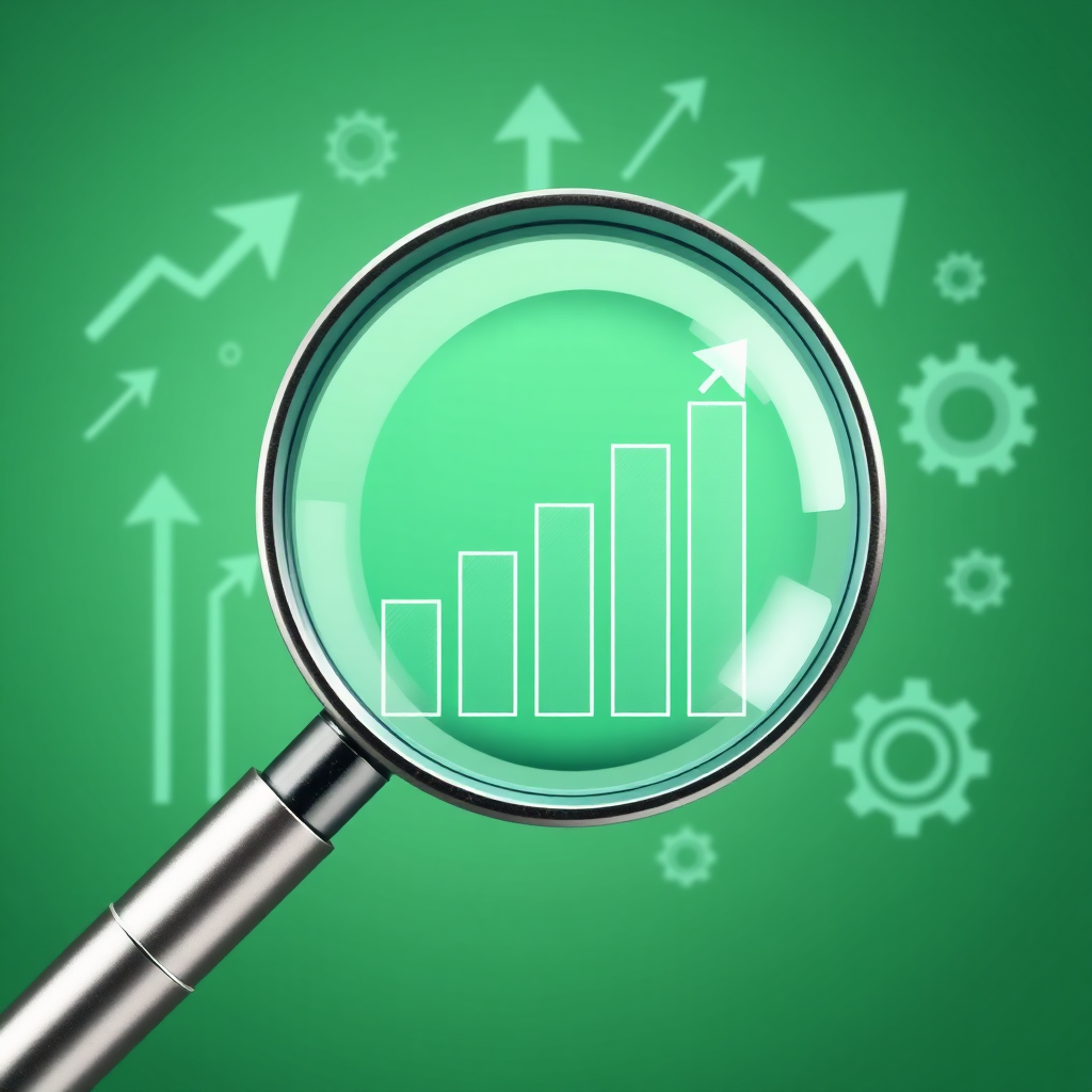 A magnifying glass focused on a bar graph demonstrating upward growth and improved metrics. The background includes subtle symbols of progress and achievement, such as arrows pointing upwards and gears representing efficiency. Color palette: greens and silvers, emphasizing success and precision.