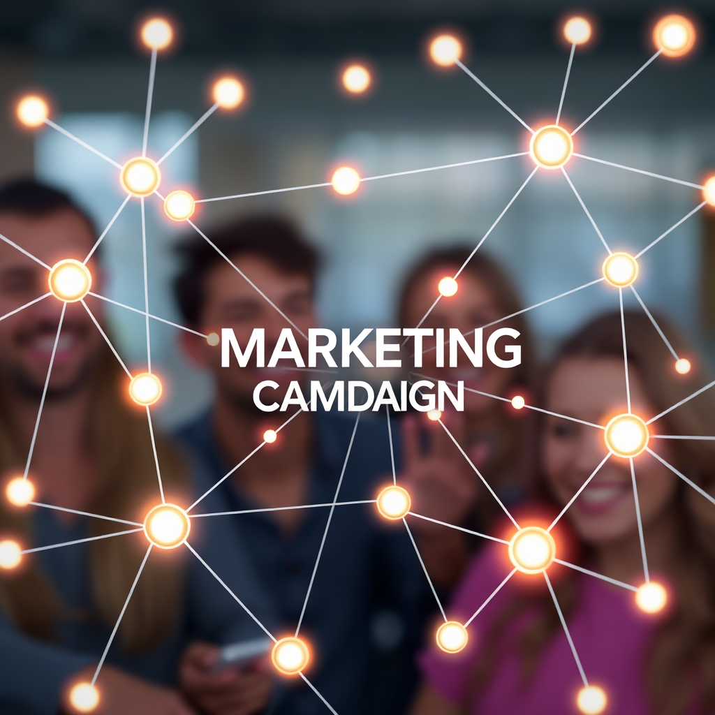 A network of interconnected nodes representing a marketing campaign, with data flowing between them. The nodes are illuminated with bright, vibrant colors, symbolizing connectivity and data flow. The background features blurred images of happy customers, creating a sense of success.