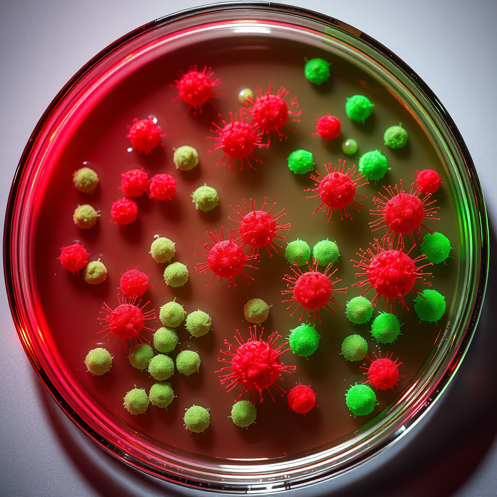 A petri dish containing a stylized representation of bacteria, with some colonies marked in red (representing toxicity) and others in green (representing healthy elements). The lighting should be dramatic to highlight the contrast. Style reference: scientific visualization, 4K resolution.