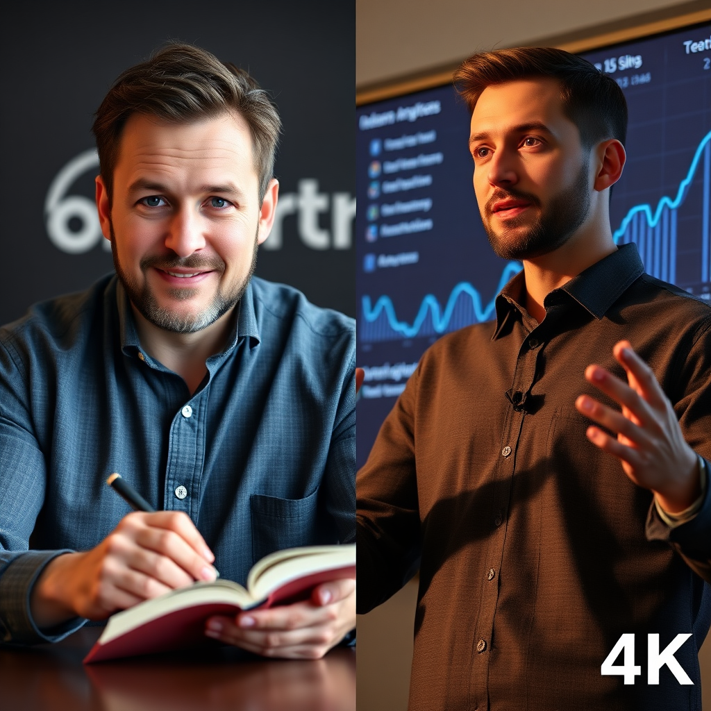 A split image showcasing John Tanner's different roles. On one side, him writing a book with the OooShh logo subtly visible in the background. On the other side, him presenting data analytics with the OMS logo incorporated into the data visualization. Style: Professional portrait, warm lighting, 4K resolution.