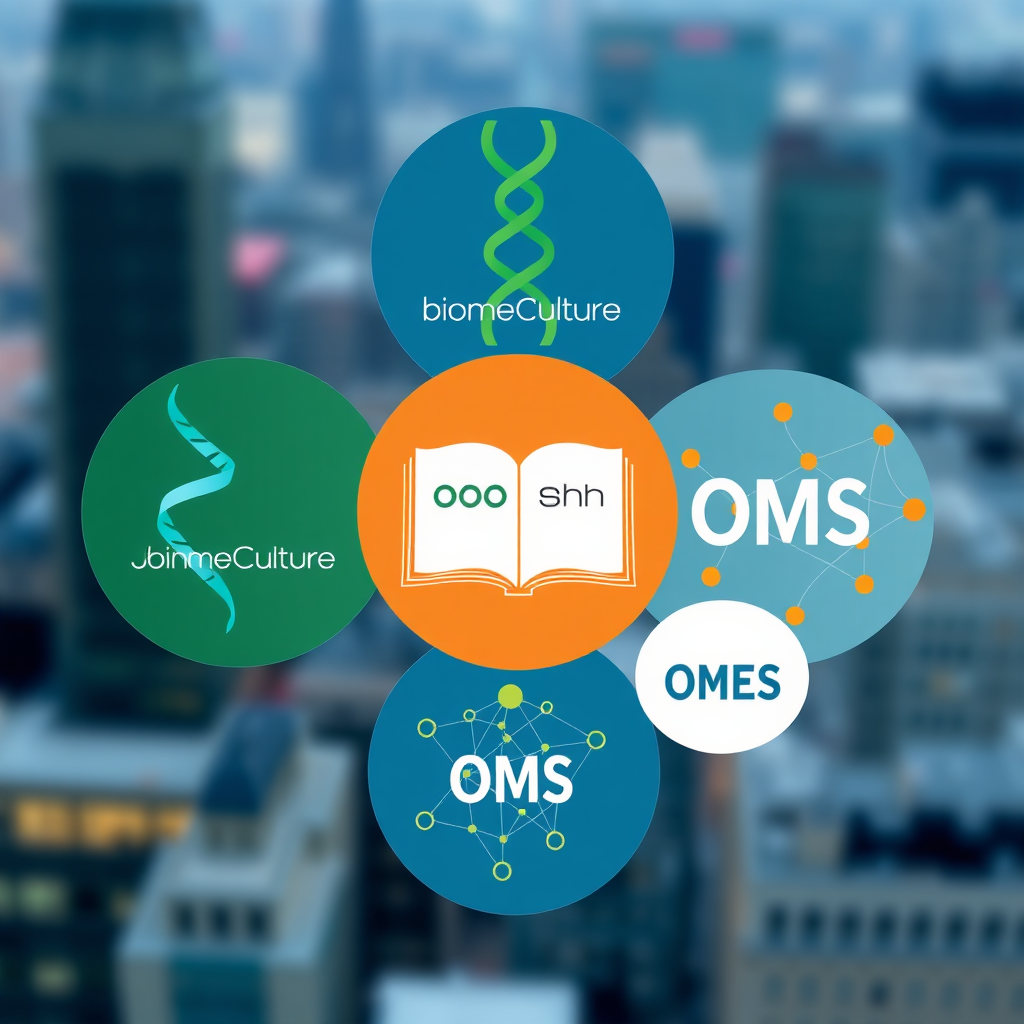 A stylized image representing the interconnectedness of John Tanner's brands. Visualize three distinct but connected circular areas: one with stylized DNA strands (BiomeCulture), one with open book pages (OooShh), and one with interconnected network nodes (OMS). These circles should overlap slightly, symbolizing synergy. The color palette should be professional yet inviting, with blues, greens, and oranges. Soft, diffused lighting to create a sense of trust and expertise. The background is a blurred cityscape. Style reference: modern infographic design. 4K resolution, high quality.