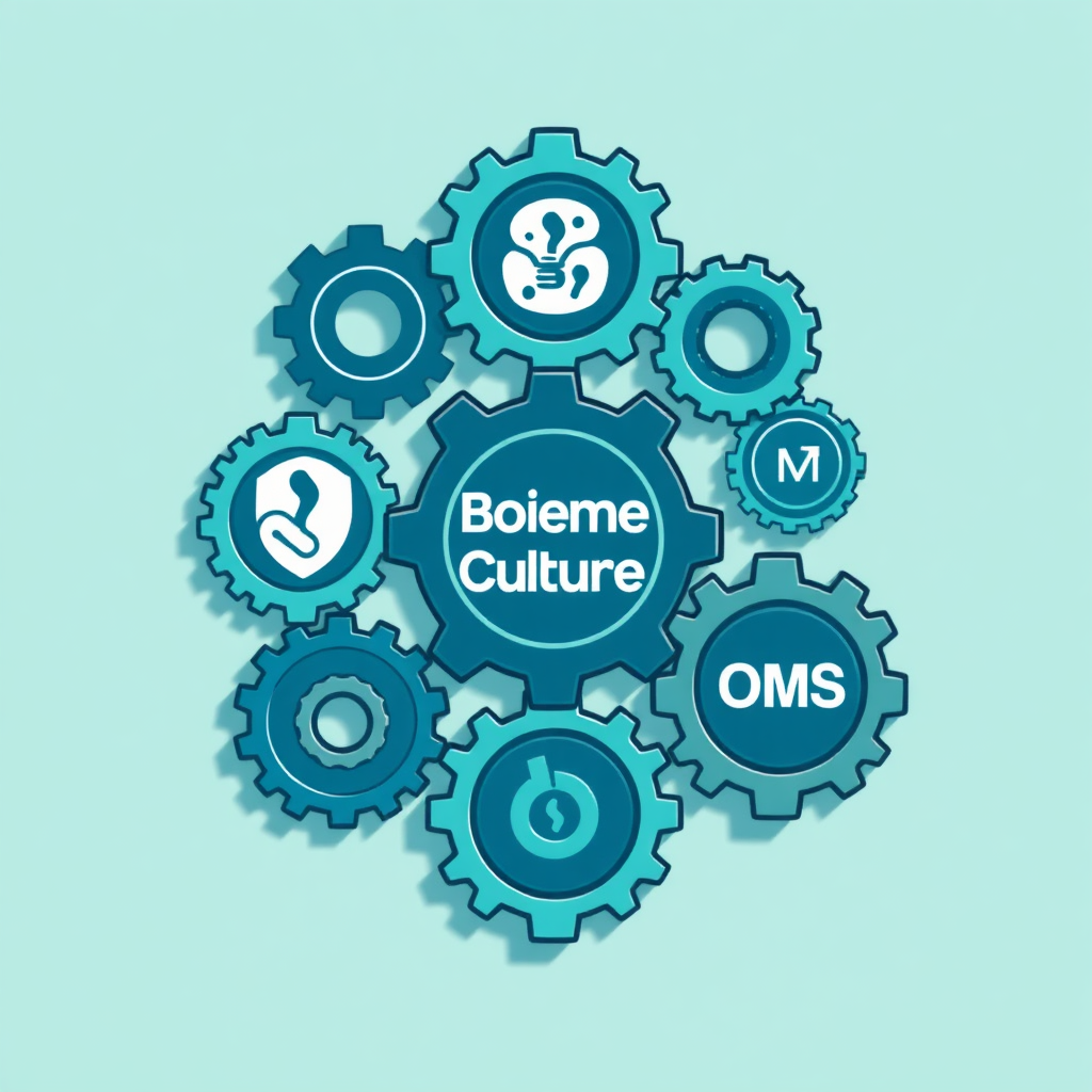 A stylized image showing interconnected gears working together seamlessly, with symbols representing BiomeCulture, OooShh, and OMS integrated into the design. The background is clean and modern. Color palette: blues and greens.