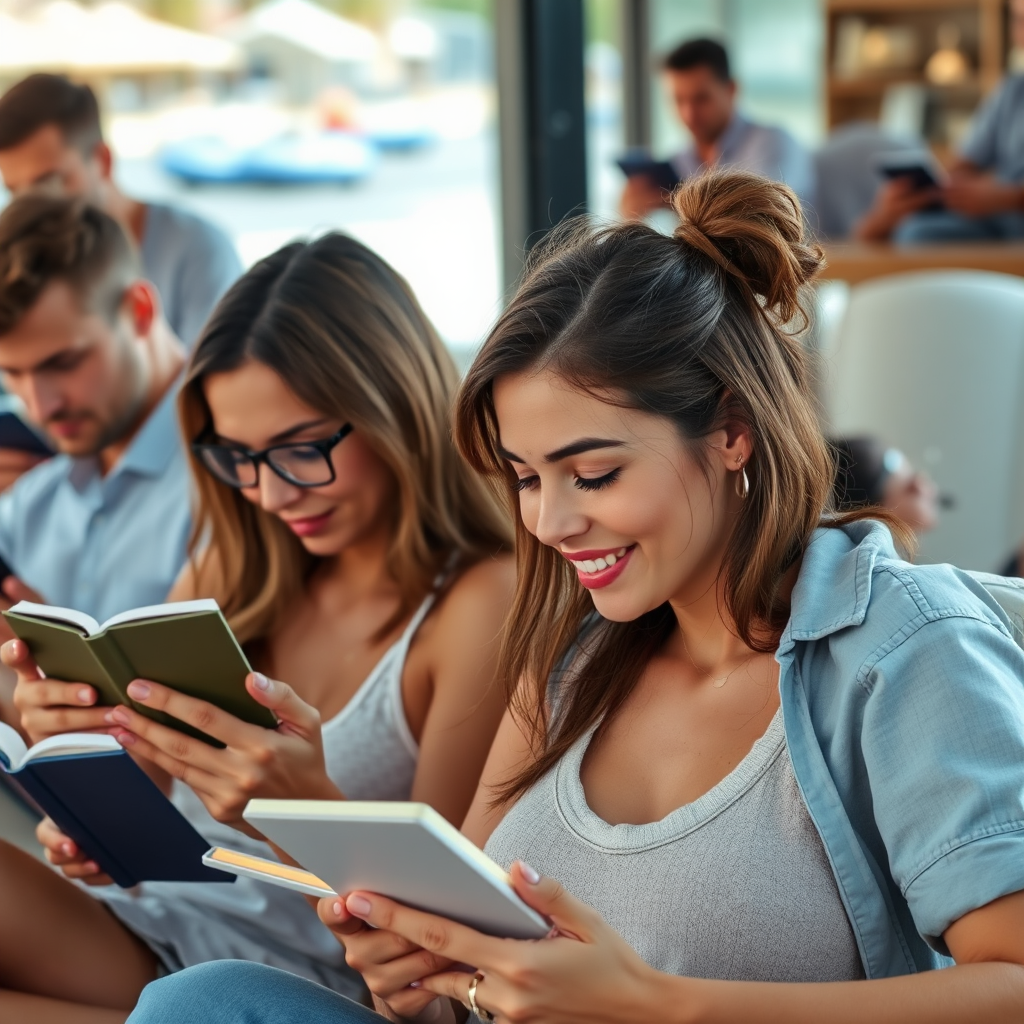 Create a photorealistic image showcasing multiple people, each engrossed in reading a bivaMEDIABOOKS device in various relaxing environments (e.g., beach, park, coffee shop). The scene should convey a sense of joy and escapism. The lighting should be natural and warm, highlighting the faces of the readers.