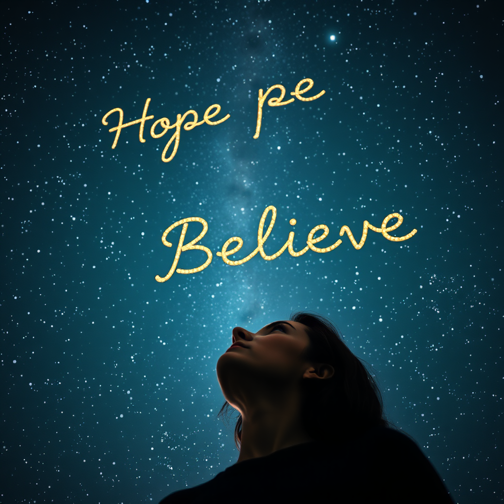 Create a photorealistic image of a person looking up at a sky filled with constellations that form inspirational words like 'Hope,' 'Dream,' and 'Believe.' The lighting should be soft and ethereal, creating a sense of wonder and inspiration. The camera angle should be low, emphasizing the vastness of the sky and the power of the words.
