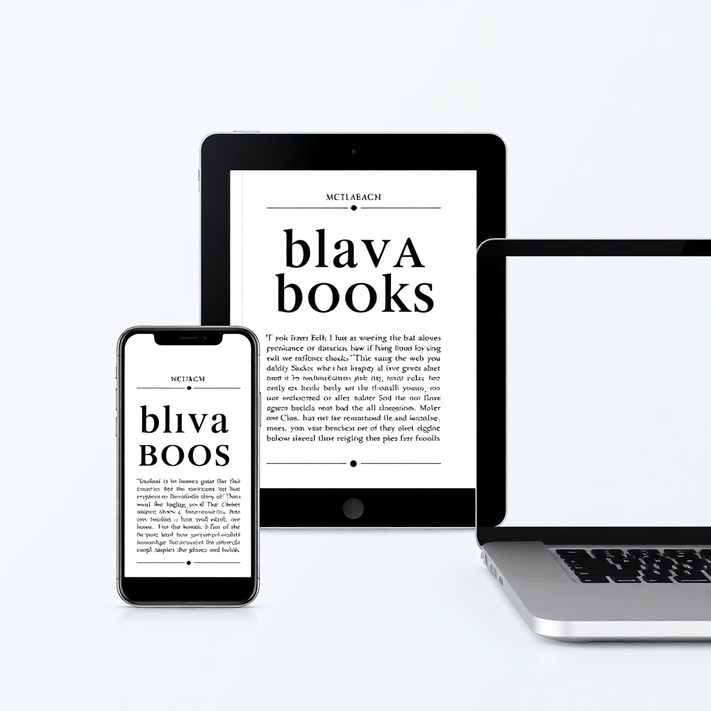 Create a photorealistic image showing the same bivaMEDIABOOKS book displayed flawlessly across various devices (e.g., smartphone, tablet, laptop). The image should highlight the consistent design and user experience across platforms. Use a clean and modern aesthetic.