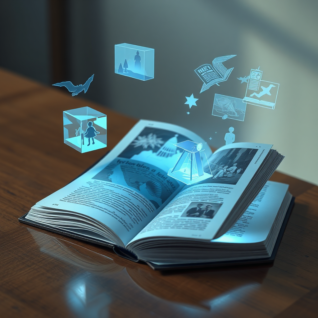 Create a photorealistic image of a futuristic book (bivaMEDIABOOKS) open on a table. Holographic images are projecting out of the book, depicting scenes from the story. The lighting should be soft and inviting, highlighting the holographic projections. The camera angle should be slightly above, showing the book and the holographic images in detail.