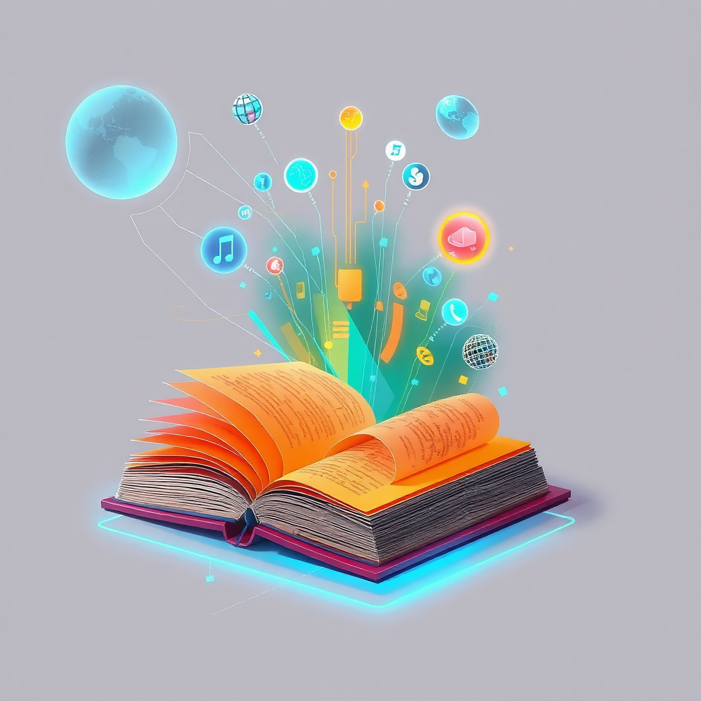 Create a stylized image of a book transforming into a futuristic device with holographic projections and interactive elements. The image should convey a sense of technological advancement and creativity. Use a vibrant color palette and dynamic composition.