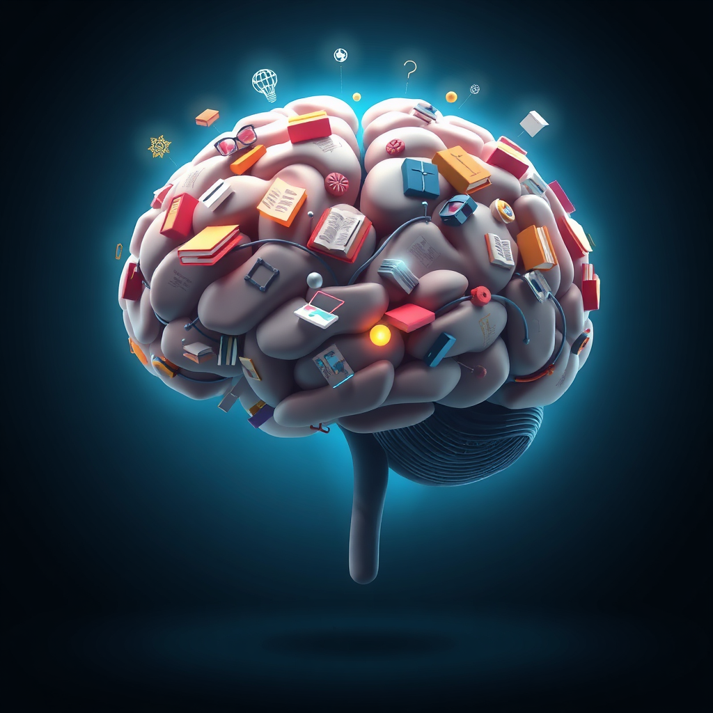 Create a stylized image of a brain made up of interconnected books and knowledge symbols. The brain should glow with a soft, blue light, representing the power of learning. The background should be dark and minimalist, focusing attention on the brain. Use a perspective that emphasizes the complexity and depth of the human brain.